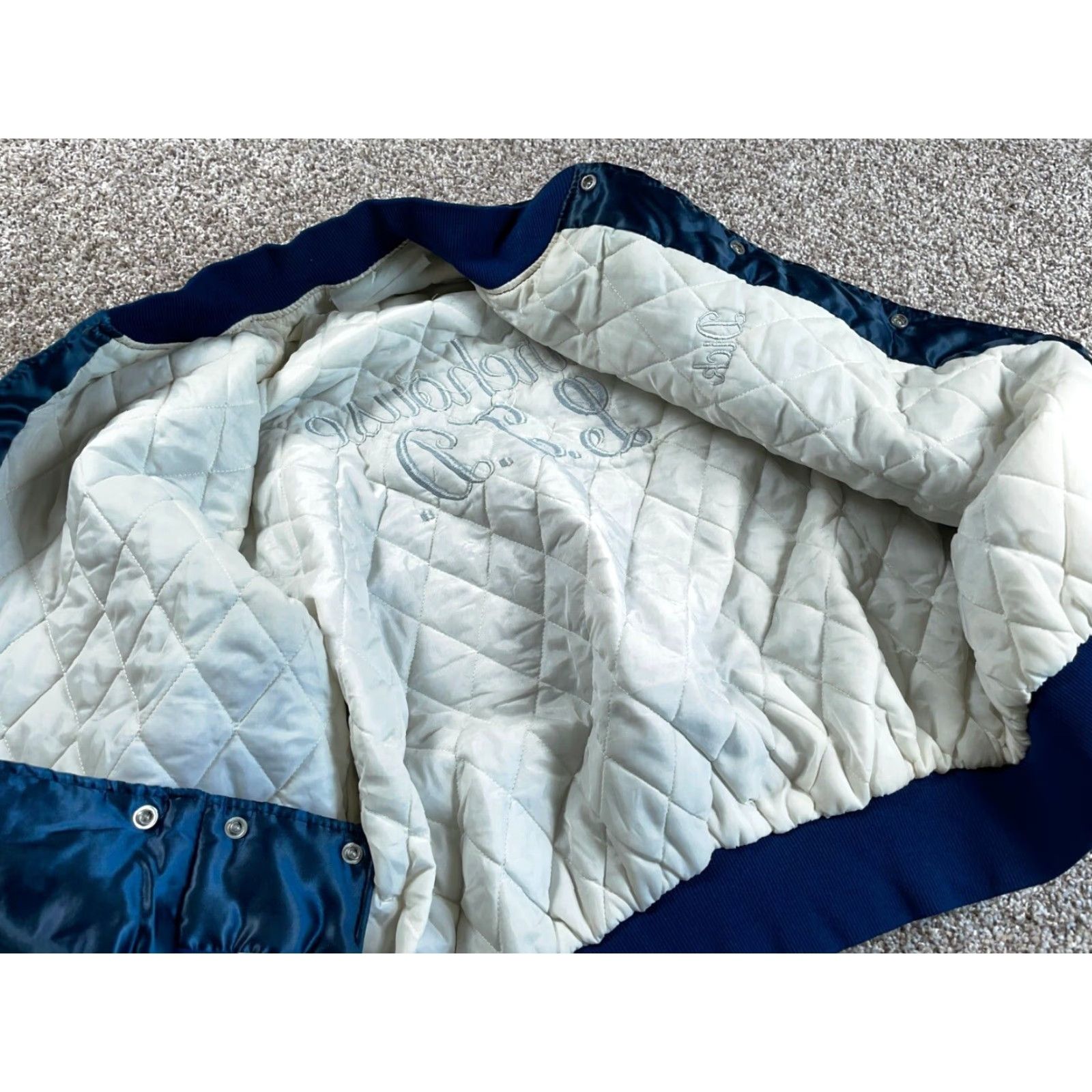 Warehouse VINTAGE 80s Satin Bomber Jacket Mens XL Blue Warehouse Dick chainstitch script Snap Front Pockets Quilted Lined Size US XL / EU 56 / 4 - 3 Thumbnail