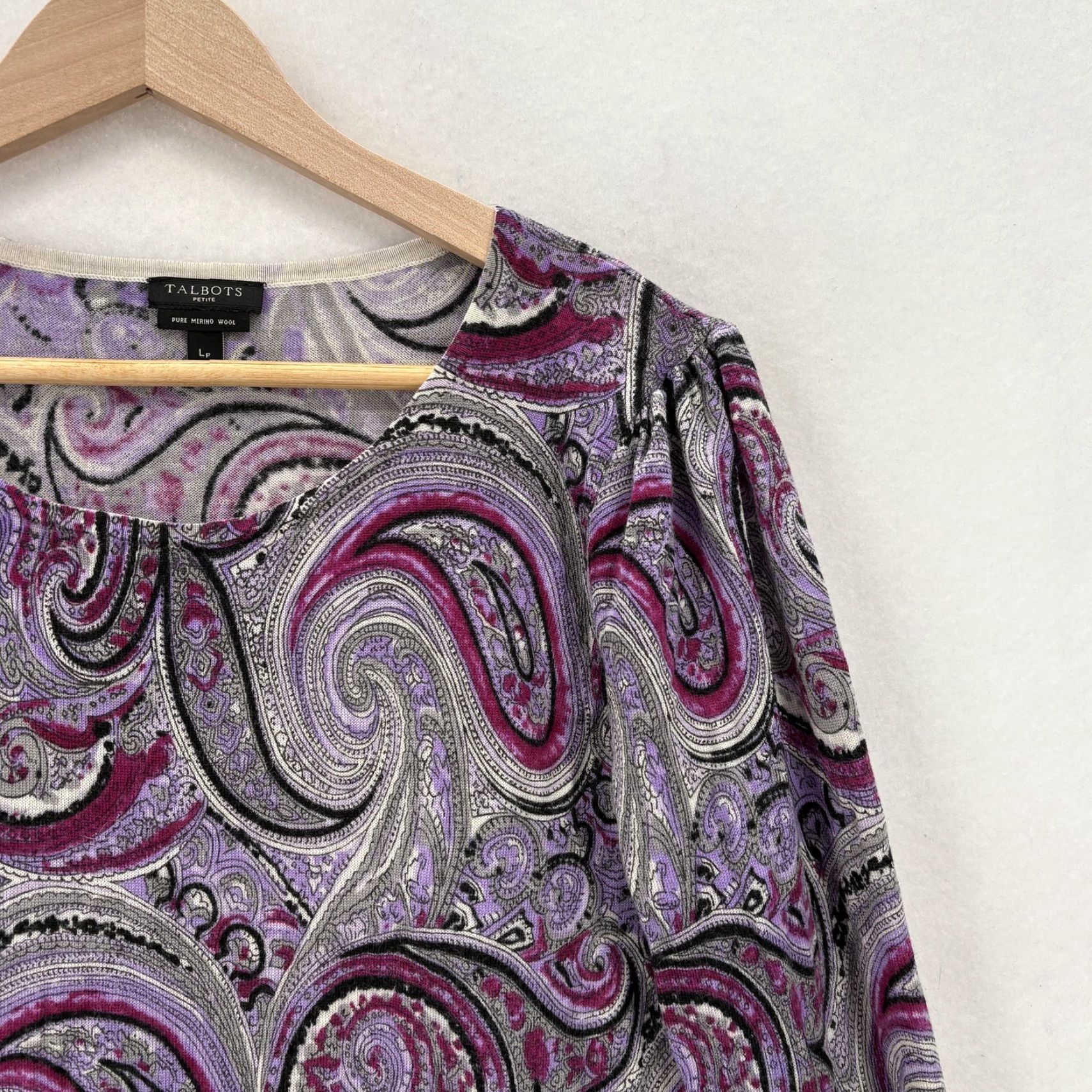 Talbots Talbots Sweater Womens PL Purple 100% Merino Wool Paisley Print Scoop Neck Knit Size L / US 10 / IT 46 - 2 Thumbnail