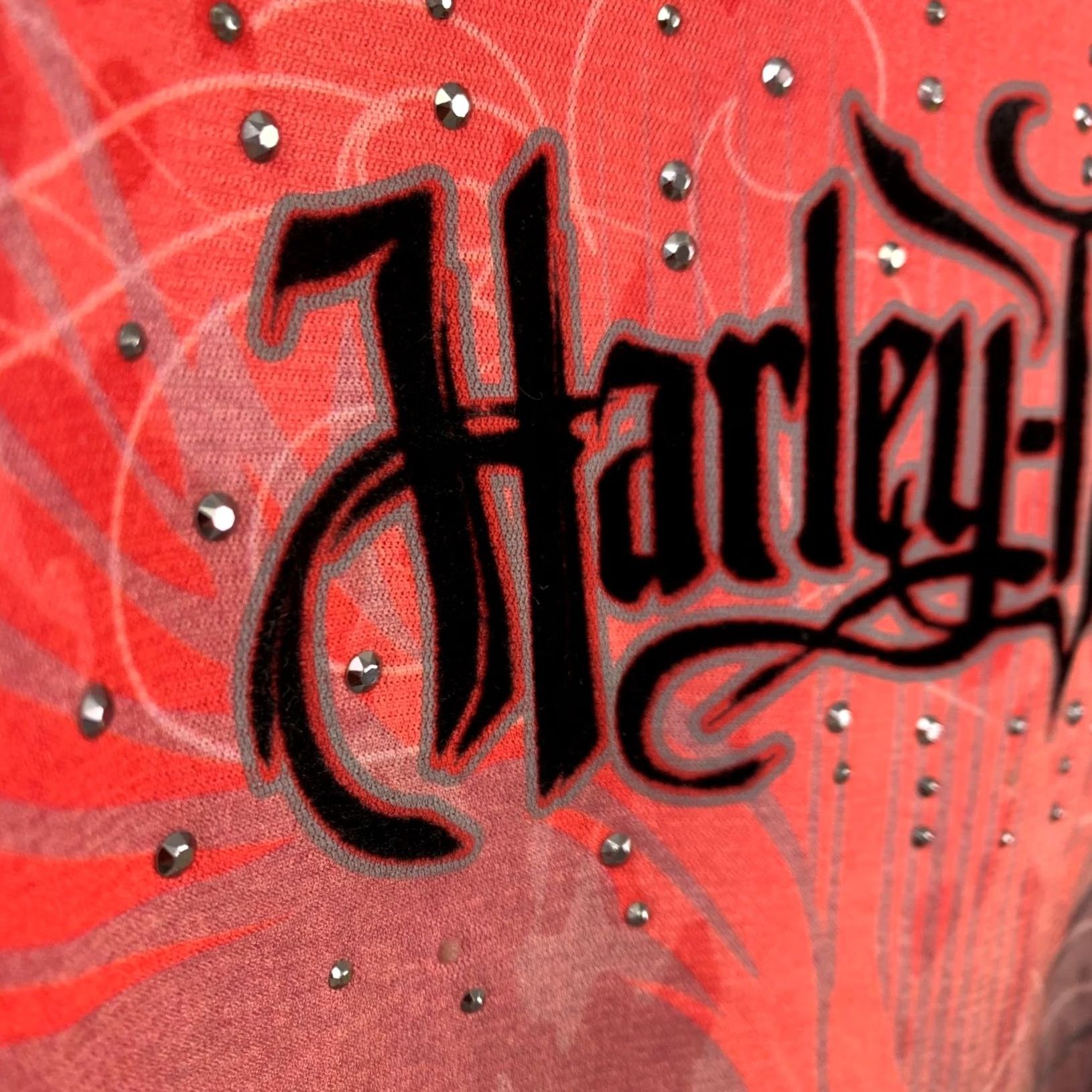 Harley Davidson VINTAGE Harley-Davidson Women's Long Sleeve Top M Red Rhinestone Grunge Biker Size M / US 6-8 / IT 42-44 - 3 Thumbnail