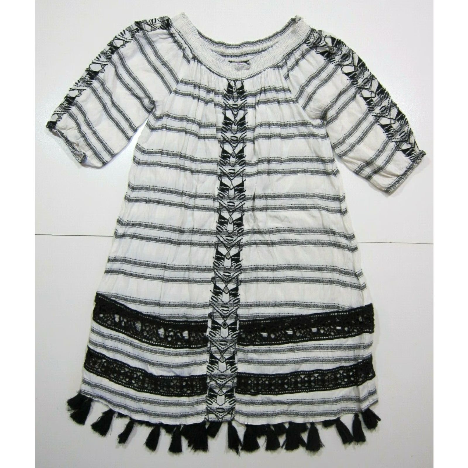 Vintage Muche Muchette 100% Rayon Black White Stripe Fringe Boho Tunic Dress Women M/L Size M / US 6-8 / IT 42-44 - 2 Thumbnail