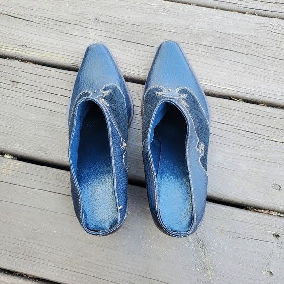 Vintage Vintage 70s Western Boho Blue Leather and Suede Heeled Mules Size US 8 / IT 38 - 5 Thumbnail