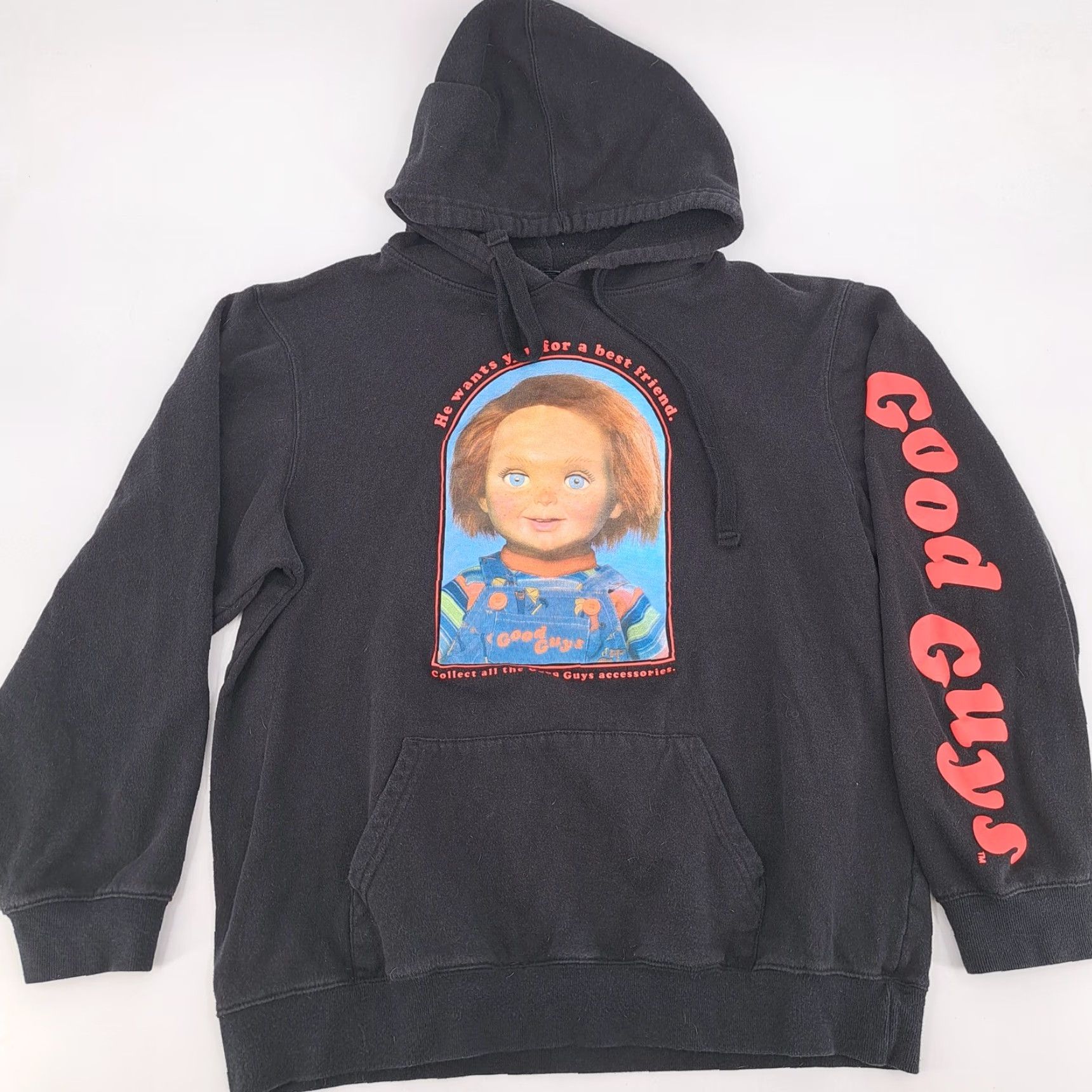 Vintage Chucky Shirt Hoodie Mens XL Black Graphic Print Hooded Kangaroo Pocket Good Guys Halloween 80s Horror Movie Retro Size US XL / EU 56 / 4 - 3 Thumbnail