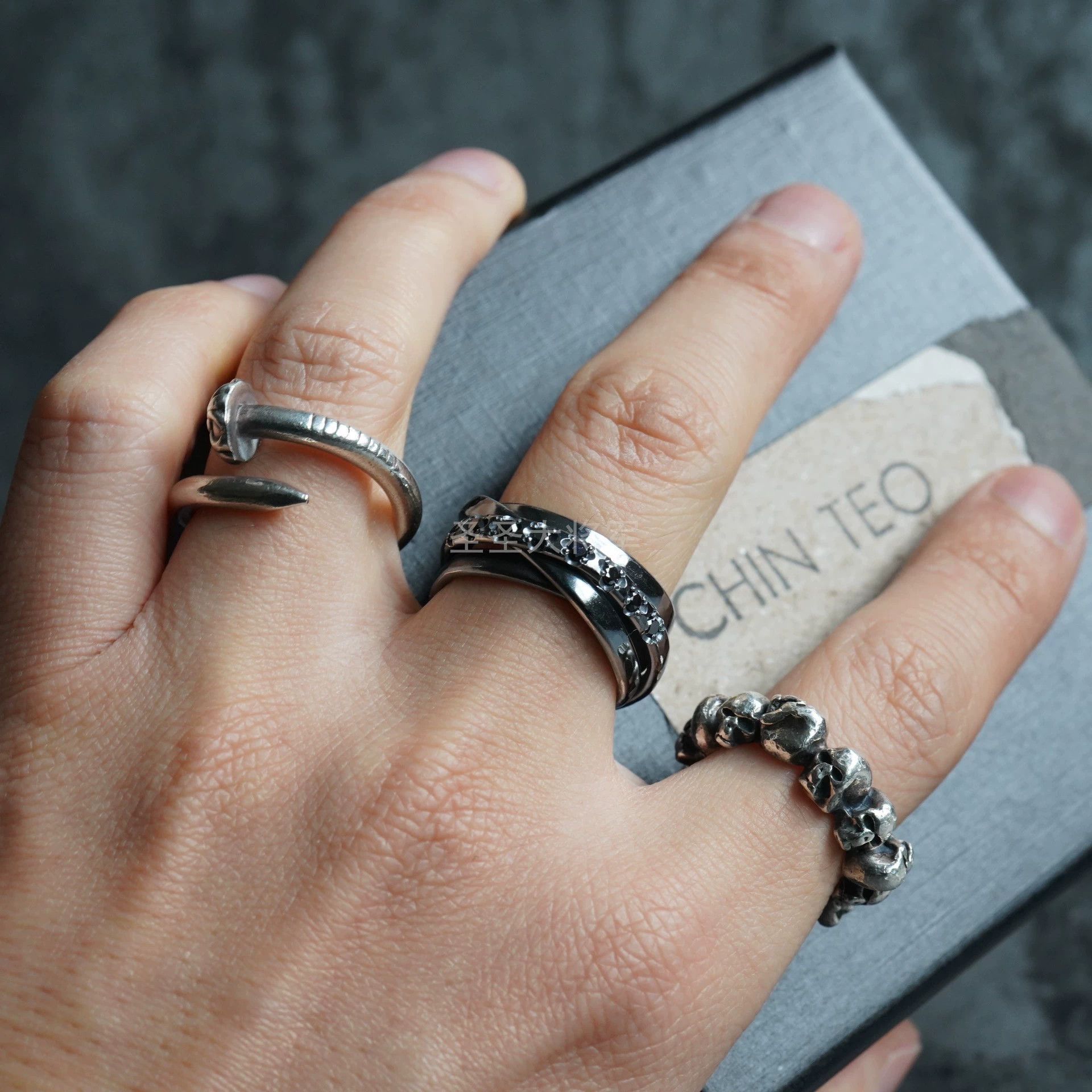 Chin Teo Chin Teo Mini Birdcage 8 Black Diamond Oxidized SS Ring 2 Size ONE SIZE - 6 Thumbnail