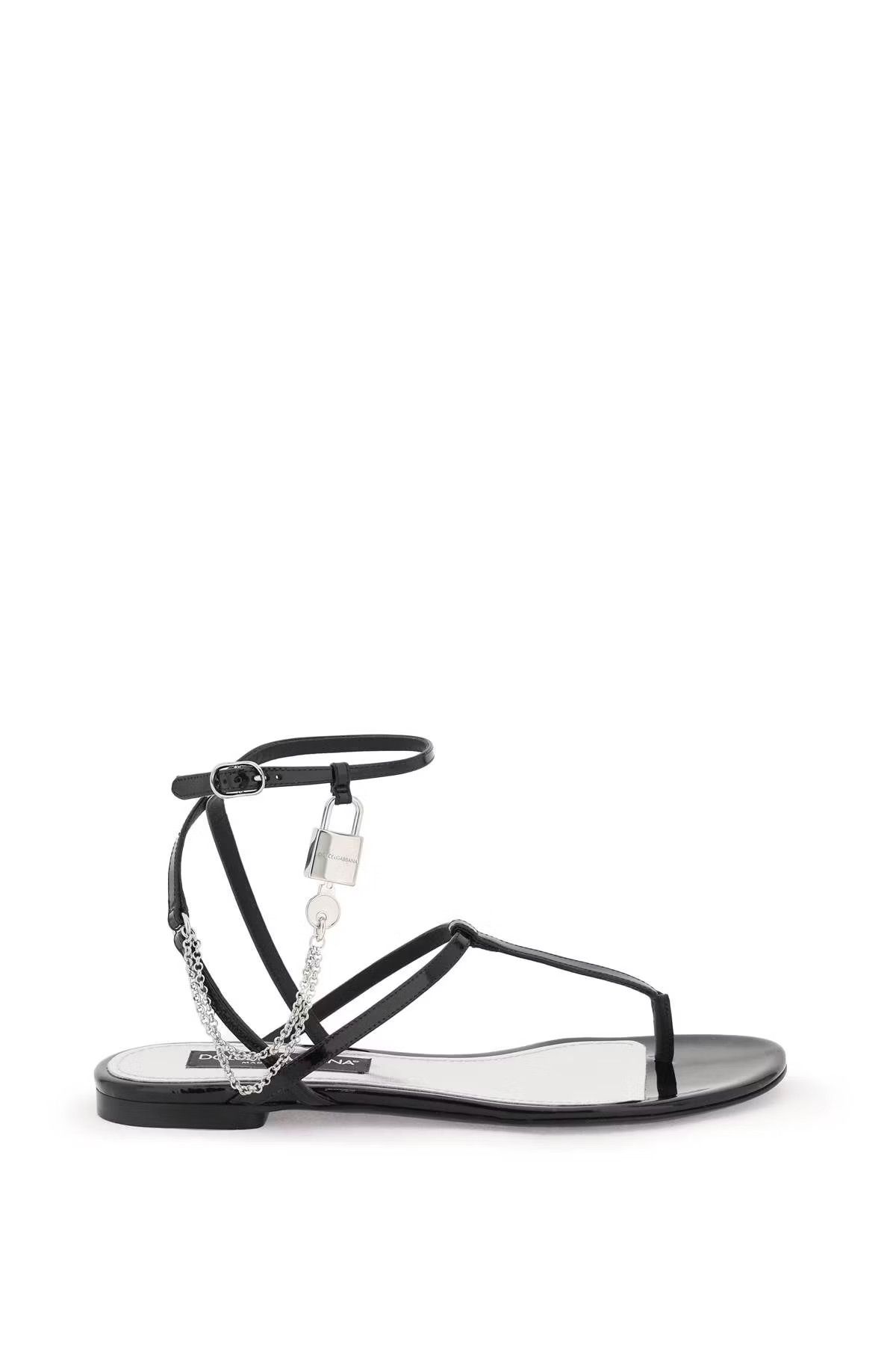 image of Dolce Gabbana O1S22I1N0424 Patent Leather Thong Sandals In Black, Women's (Size 9)