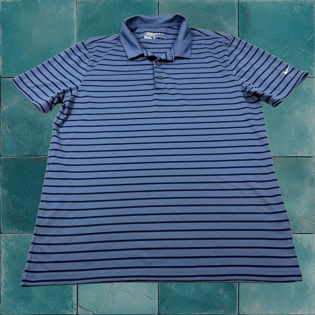 Nike Polo Shirt Mens M Blue Dri-Fit Short Sleeve Golf Striped Moisture Wicking, Men's