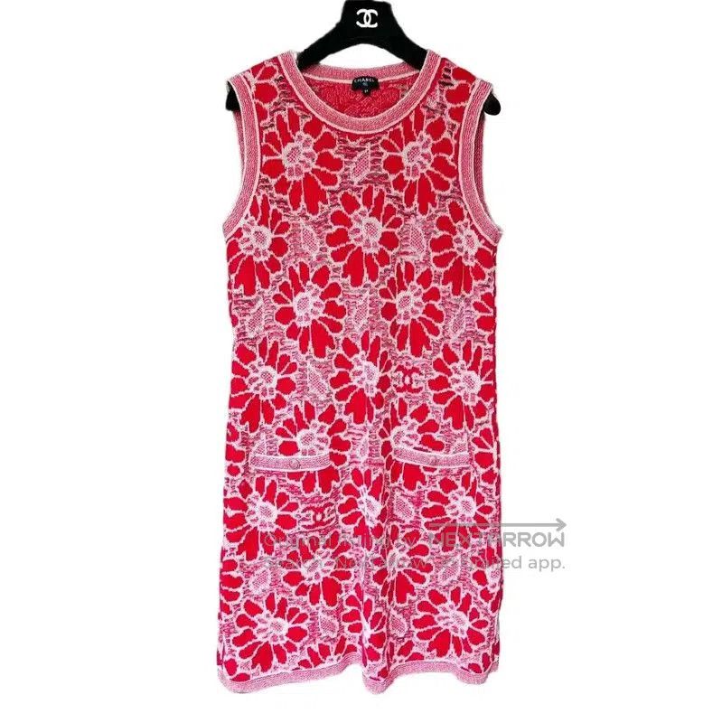 Chanel Red Floral Embroidered Dress Size S .
