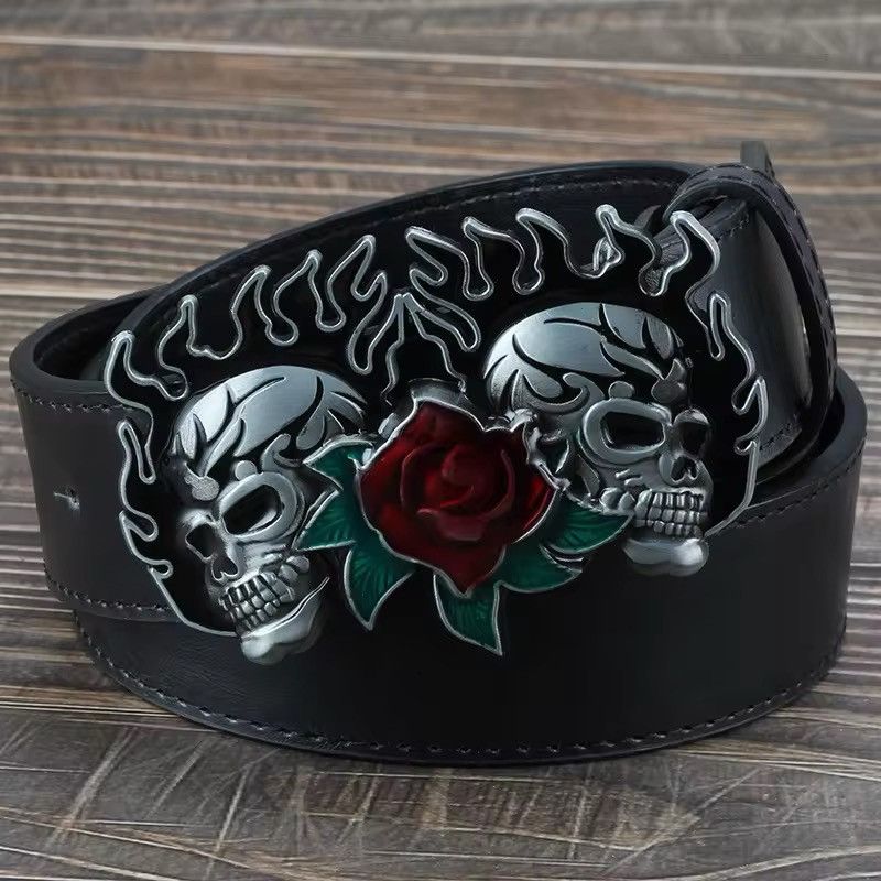 Japanese Brand × Vintage Flame Skull Rose Flower Pattern Buckle Fashion Belt Size ONE SIZE - 3 Thumbnail
