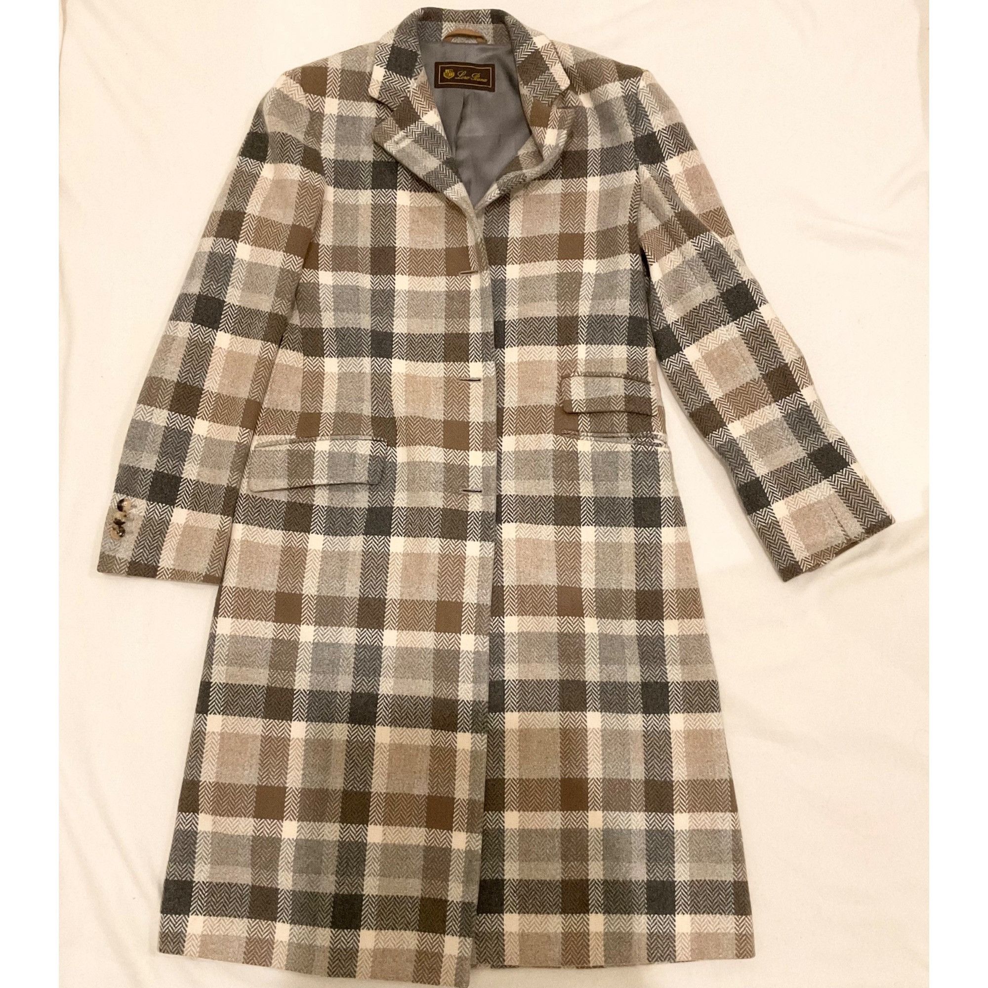 image of Loro Piana Herringbone Wool Brown Grey Plaid Check Women Lon (Size XS)