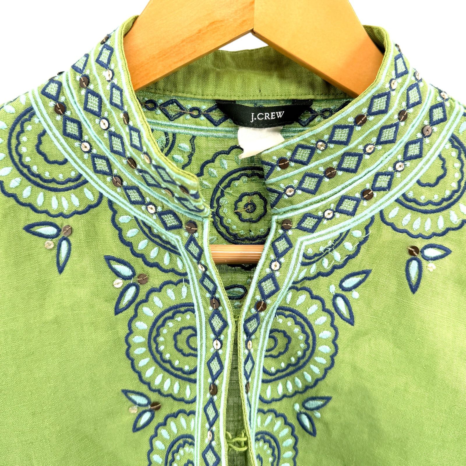 J.Crew Lime Green 100% Linen Embroidered Sequin Long Sleeve Tunic Size S / US 4 / IT 40 - 2 Thumbnail