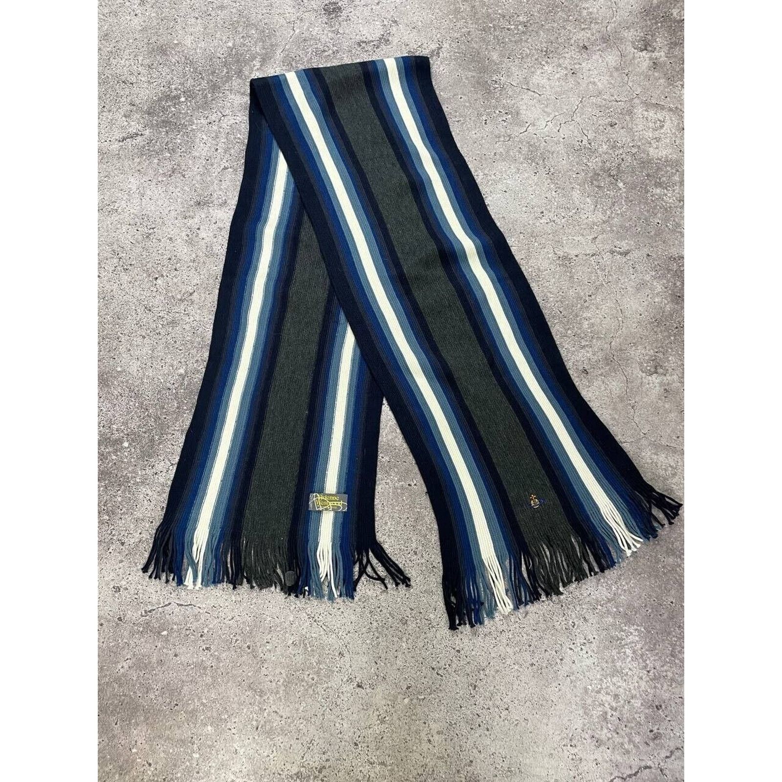 Vintage × Vivienne Westwood Vivienne Westwood Striped Scarf Navy Green Blue Wool Unisex Size ONE SIZE - 1 Thumbnail