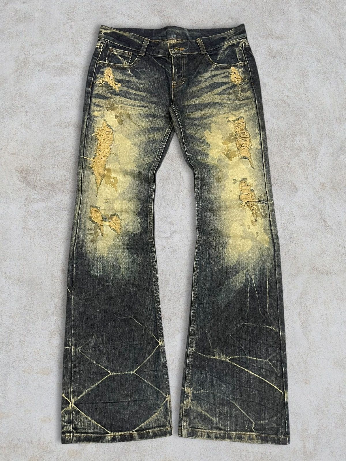 GOSTAR DE FUGA Japanese Goth Acid Wash Distressed Avant-Garde Flare Denim Size 32" / US 10 / IT 46 - 2 Thumbnail