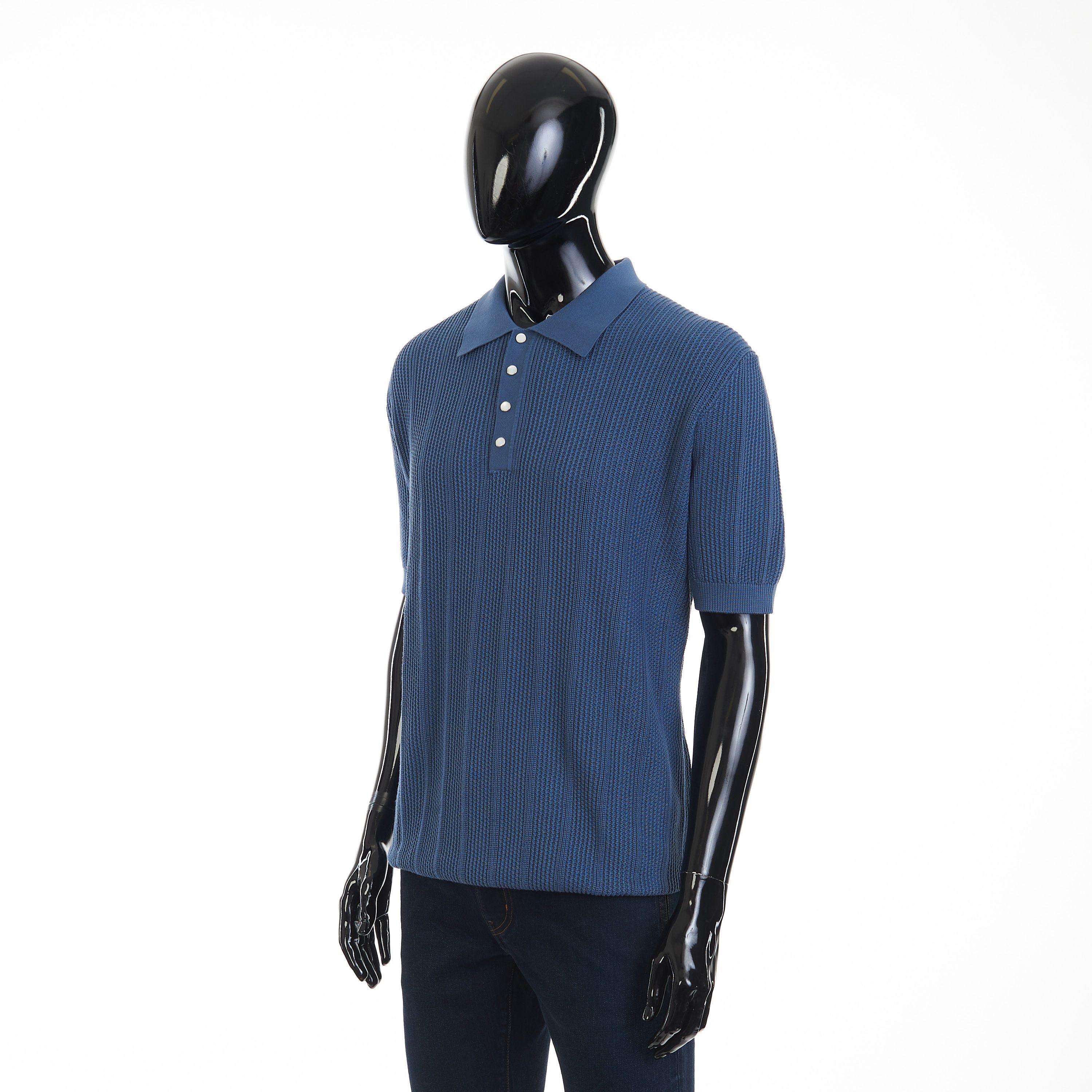 Brunello Cucinelli Textured Rib Knit Polo - Oxford Blue Cotton Size US XXL / EU 58 / 5 - 2 Thumbnail