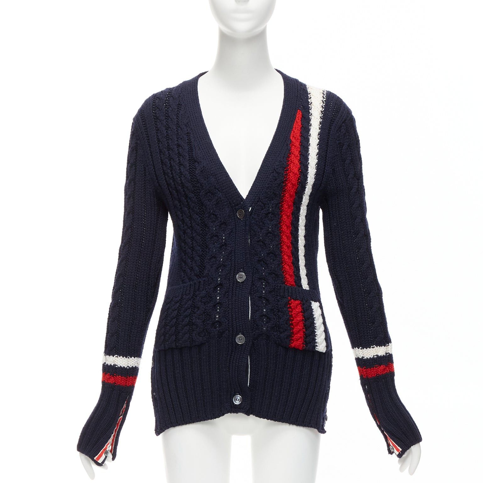 image of Thom Browne Navy Red White Wool Aran Cable Knit Cardigan Sweater It40 S, Women's (Size Small)