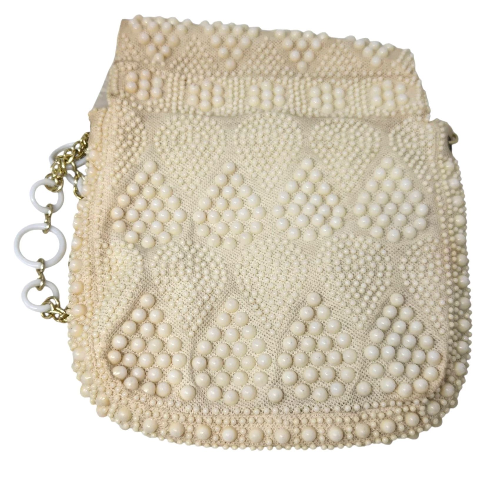 Vintage VINTAGE Beaded Ivory Purse Handbag Gold Chain Evening Bag Wedding Hong Kong Womens Size ONE SIZE - 4 Thumbnail