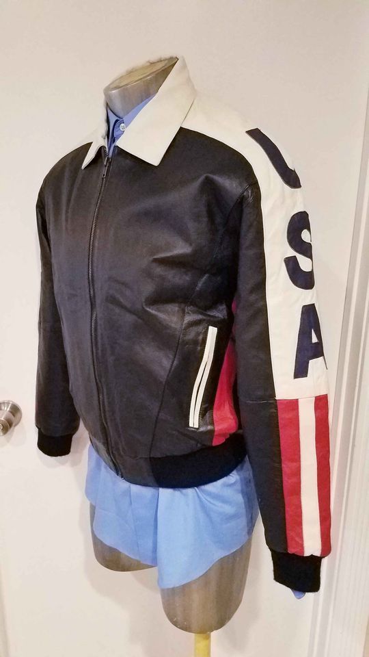 image of Unkwn Usa American Flag Bomber Flight Leather Man Jacket in Black, Men's (Size Small)