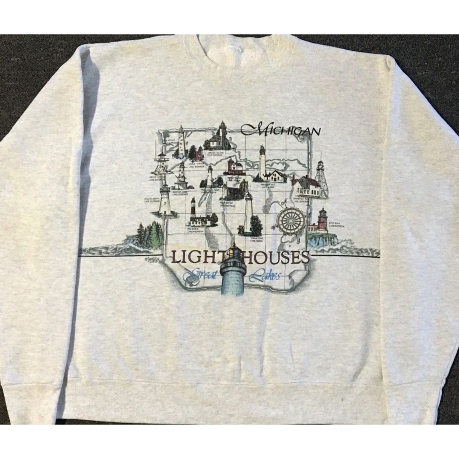 Nautica VINTAGE Michigan Lighthouse Faded All Over Print Sweatshirt XL Gray Pullover Men 90s Nautical Grunge Art Beach USA USA Size US XL / EU 56 / 4 - 2 Thumbnail