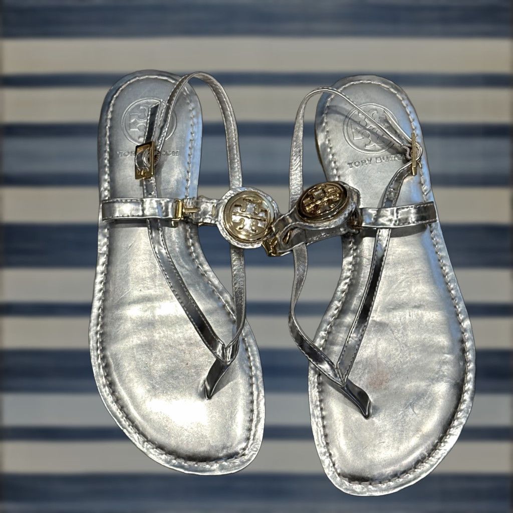 Tory Burch TORY BURCH ALI SILVER LEATHER THONG SANDALS FLAT WOMENS SIZE 5.5 M Size US 5.5 / IT 35.5 - 1 Thumbnail