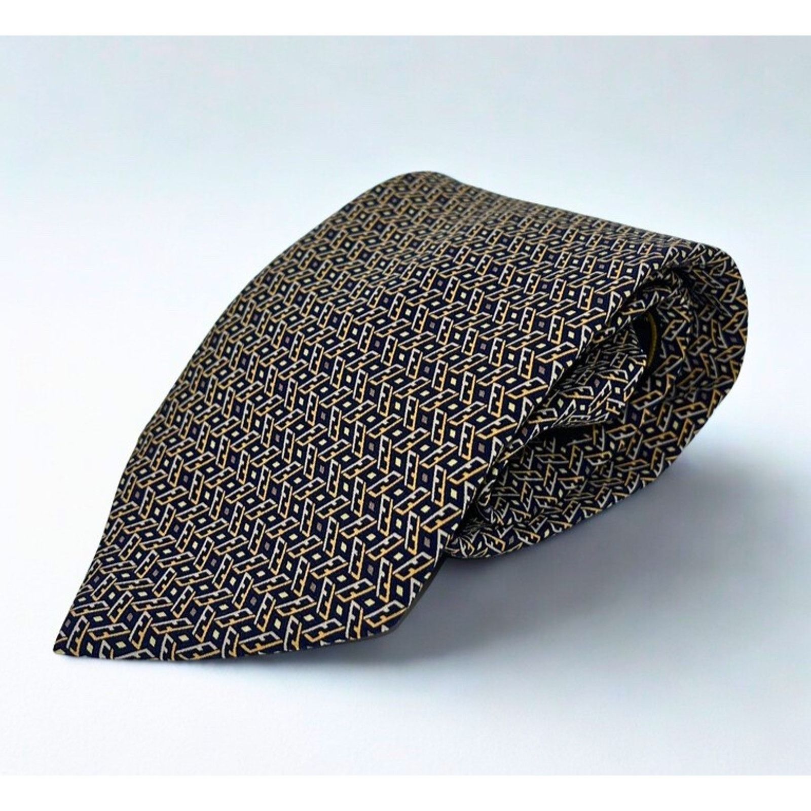Fendi Fendi Cravatte Vintage Silk Tie Navy Gold All Over FF Logo Size ONE SIZE - 3 Thumbnail