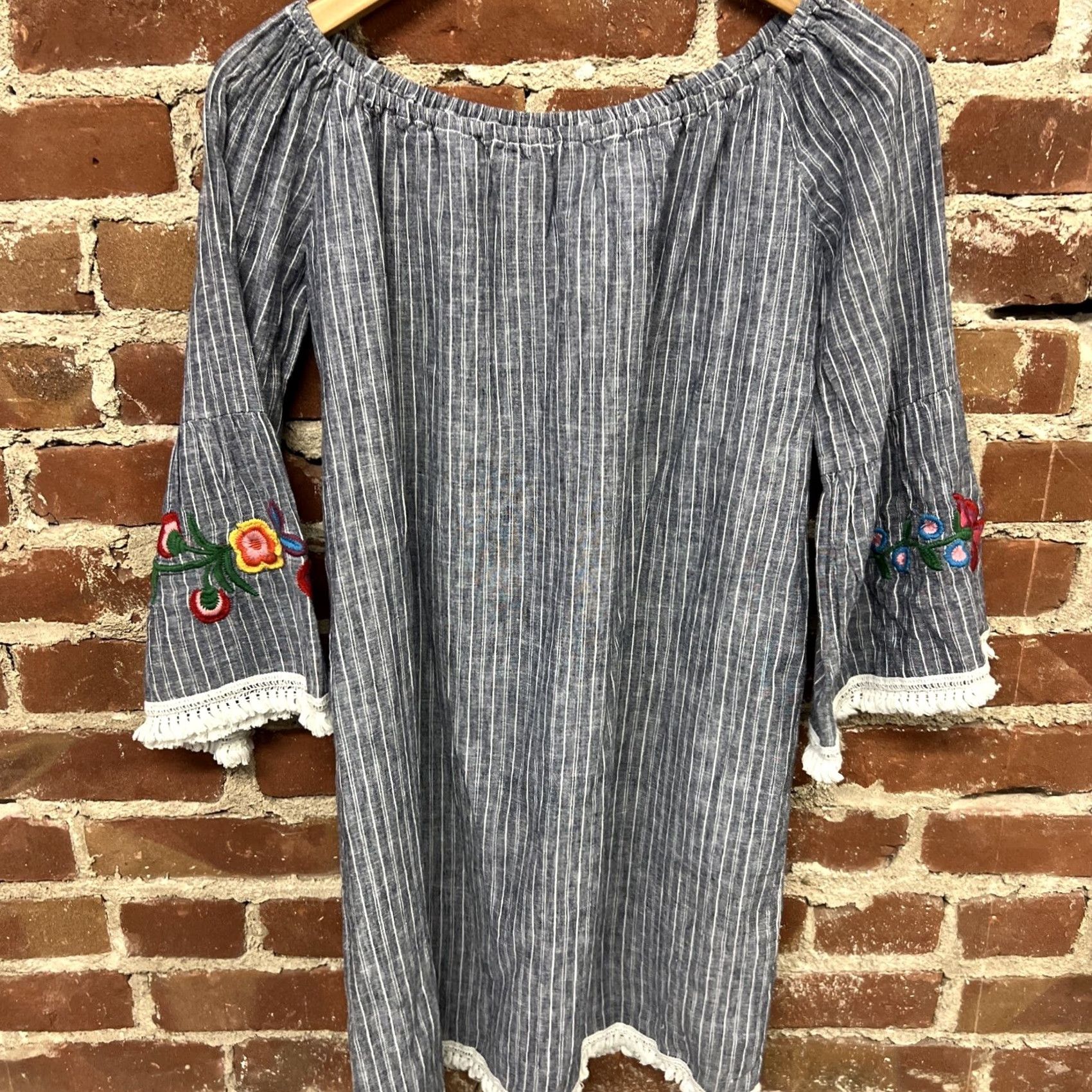 Vintage Beach Lunch Lounge Dress Womens Blue Striped Over Shoulder Embroidered Small Short Linen V-Neck Sundress Mini Casual Summer Women Size S / US 4 / IT 40 - 4 Thumbnail