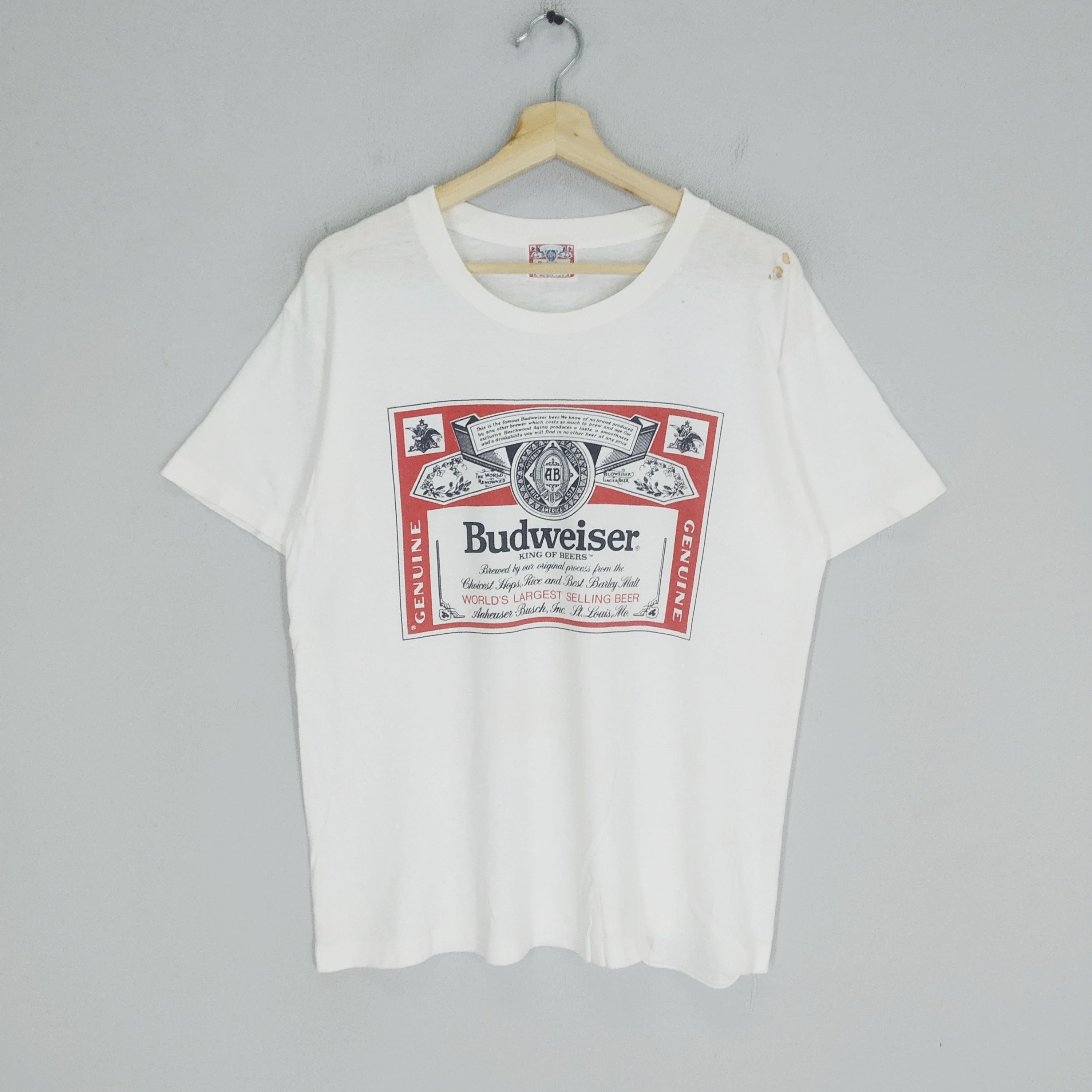 image of Vintage 90's Budweiser King Of Beer Drink Big Logo T-Shirt in White, Men's (Size Large)