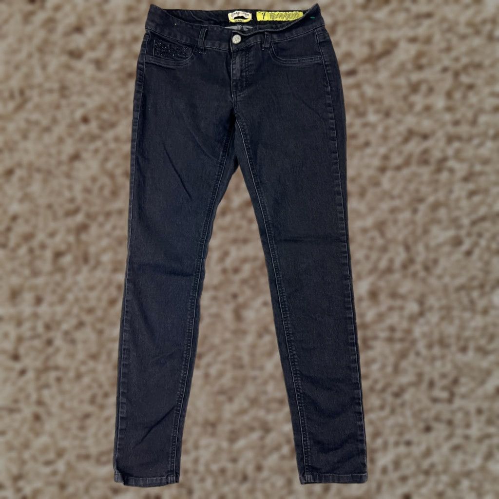 Denime VINTAGE Indigo Rein Jeans Womens 7 Black Denim Skinny Low Rise Rhinestone 27x29 Size 28" / US 6 / IT 42 - 1 Thumbnail