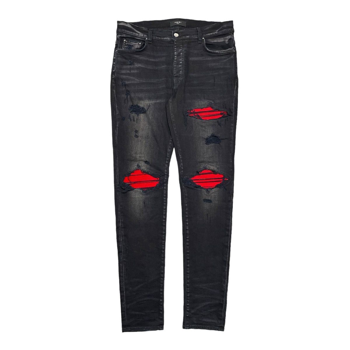 image of Amiri Mx1 Red Ultra Suede Patch Jeans Aged Black, Men's (Size 34)