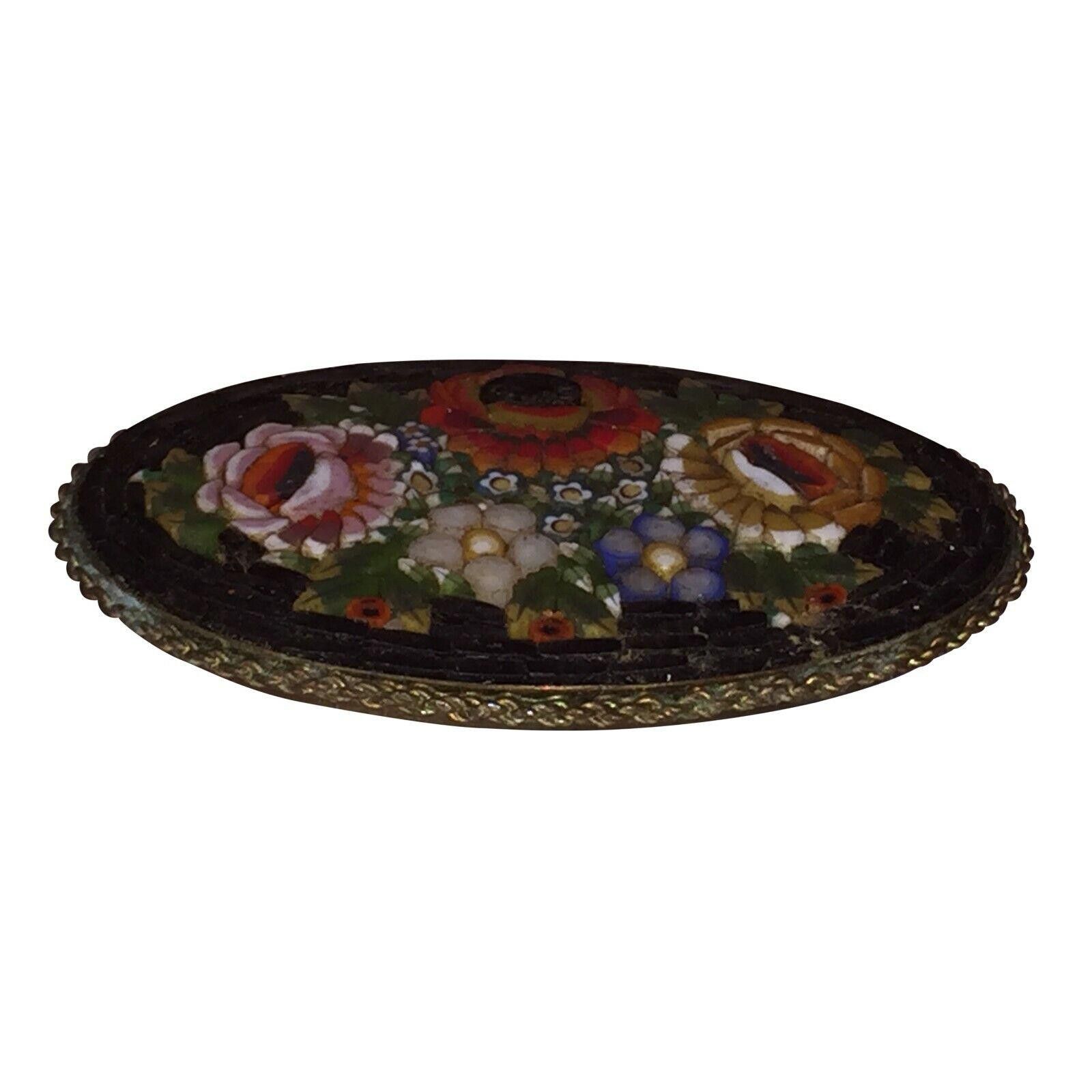 Designer Italian Black Floral Mosaic Souvenir Oval Pin Size ONE SIZE - 2 Thumbnail