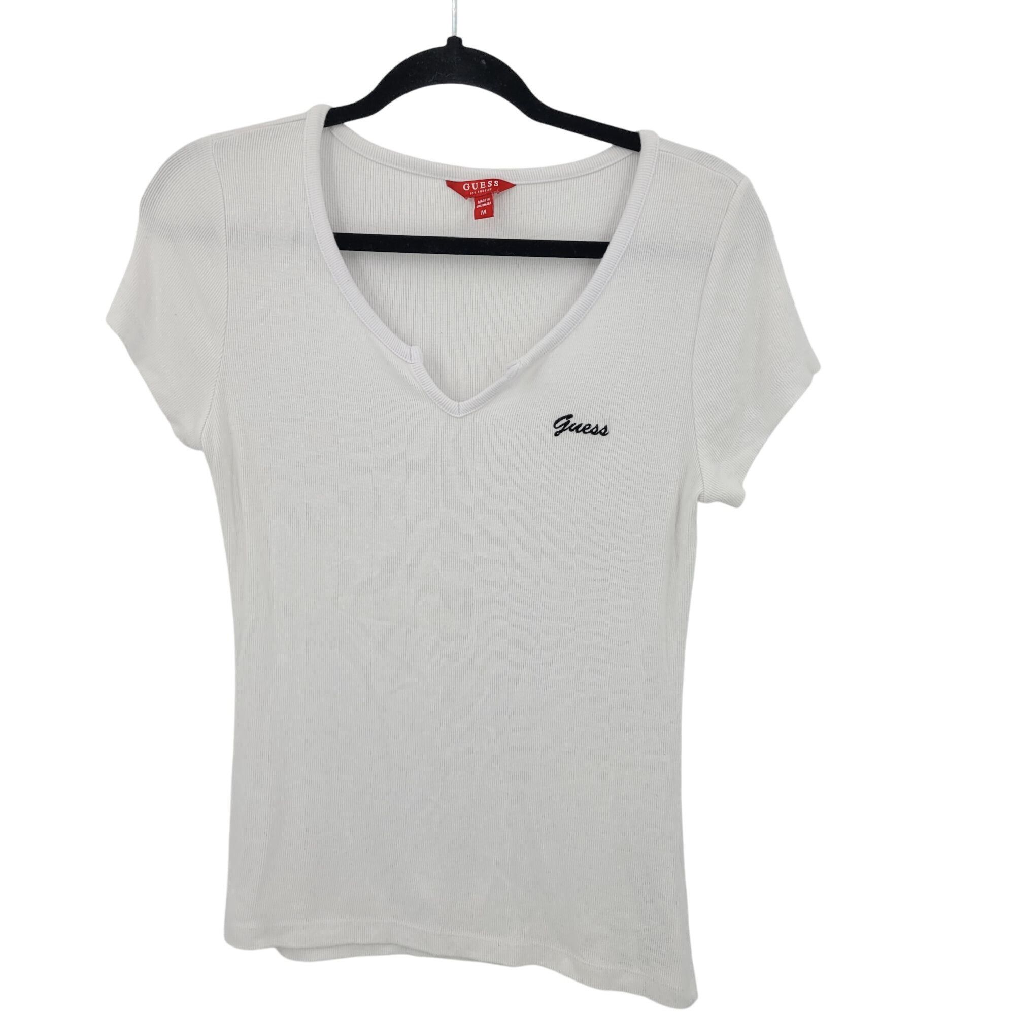 Guess Y2K Guess White Ribbed Womens Short Sleeve V-neck Top Sz M B Size M / US 6-8 / IT 42-44 - 14 Thumbnail