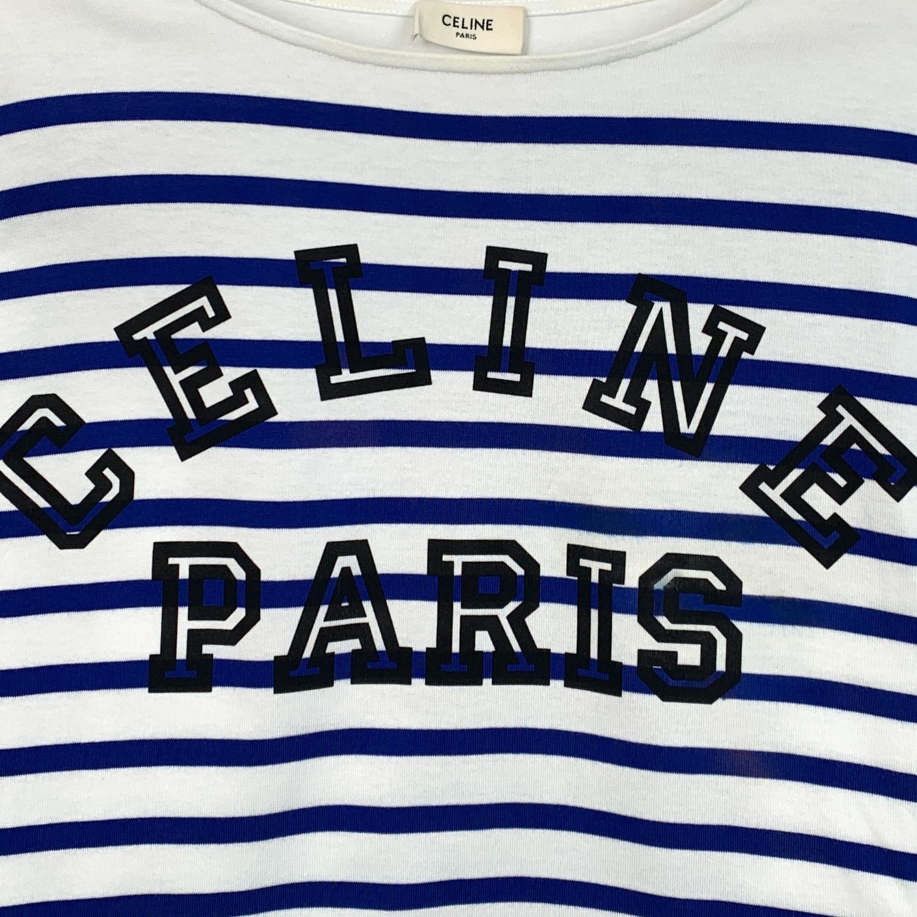 Celine Celine Paris White & Blue Striped Logo Long Sleeve Cotton T- Size S / US 4 / IT 40 - 6 Thumbnail