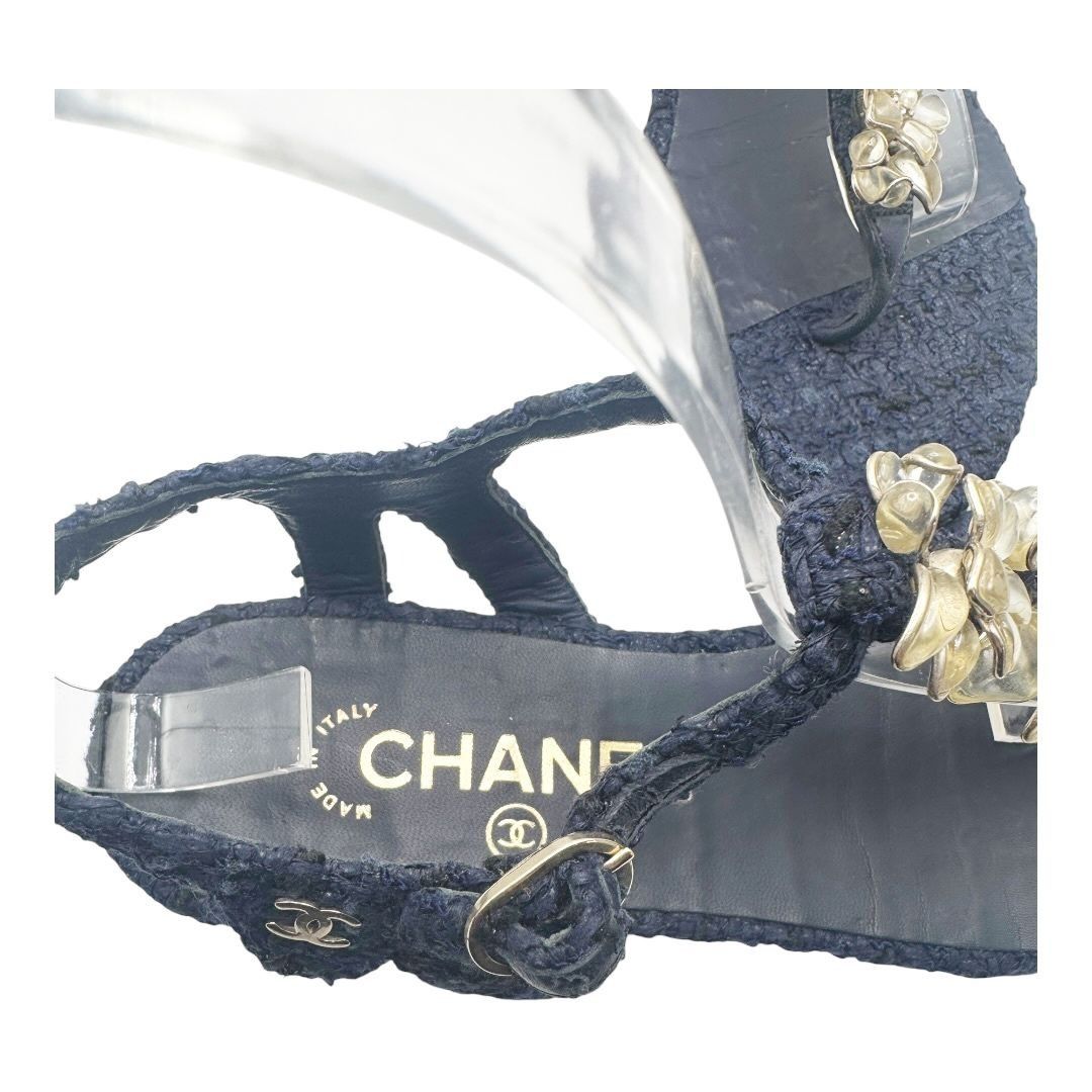 Chanel Chanel T-Strap Tweed Floral Sandals 2016 Camellia Pearl Navy Size US 7 / IT 37 - 5 Thumbnail