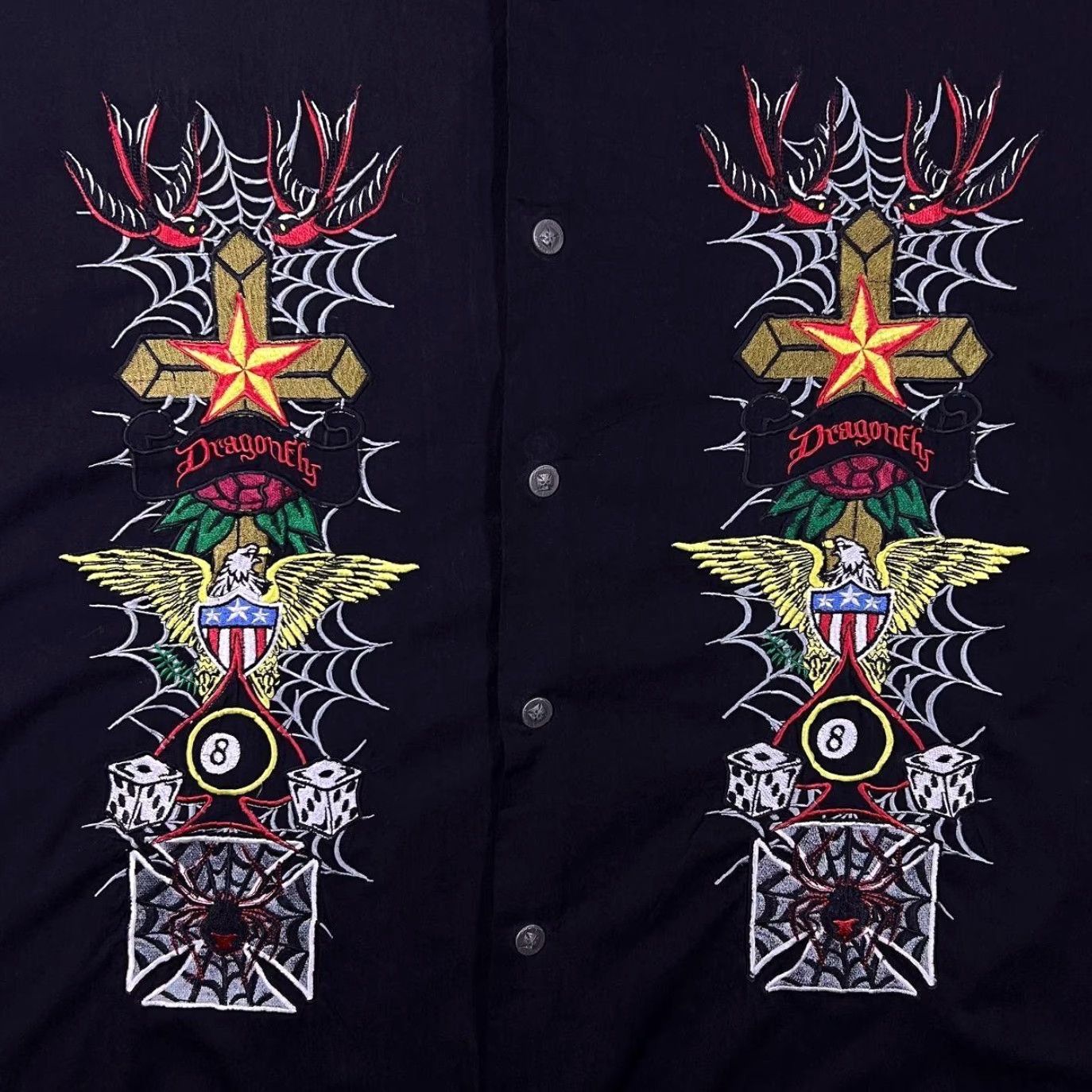 Vintage VINTAGE Dragonfly Roadhouse Embroidered Goth Biker Popper Short Sleeve Shirt XXL Mens Black Embroidered 90s 2000s Size US XXL / EU 58 / 5 - 3 Thumbnail