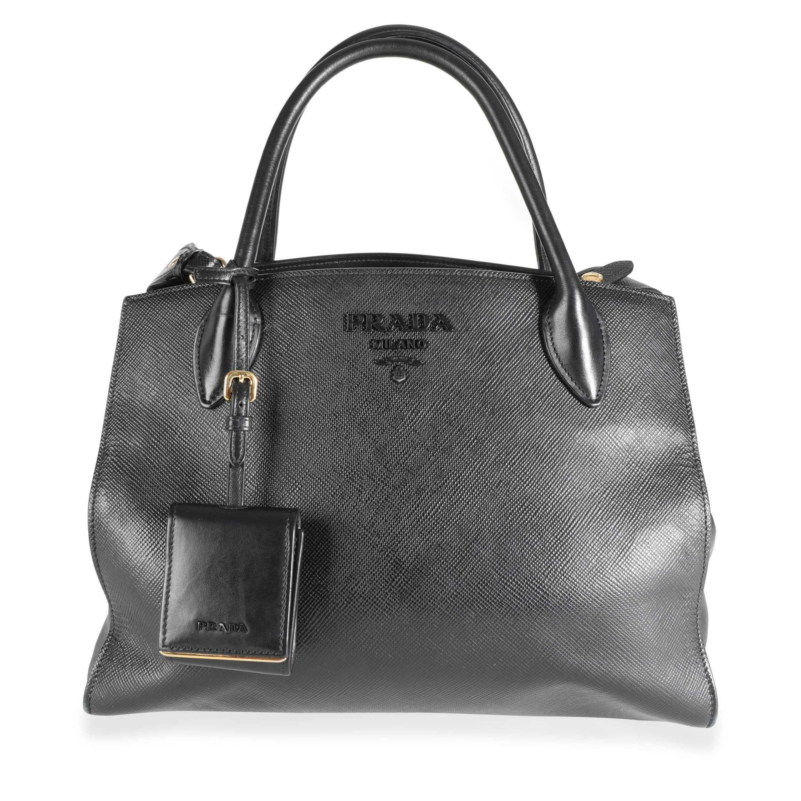 image of Prada Black Saffiano & Calfskin Leather Medium Monochrome Bag, Women's