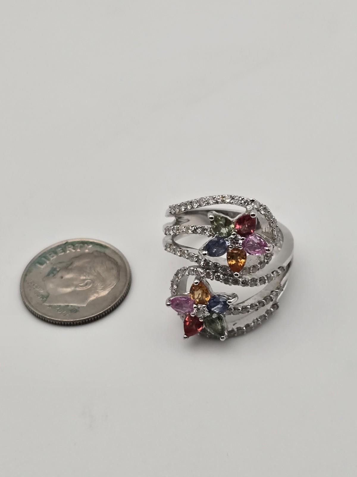 The Unbranded Brand 18k White Gold Floral Ring Rainbow Sapphire Diamond 1.8 ctw Size ONE SIZE - 2 Thumbnail