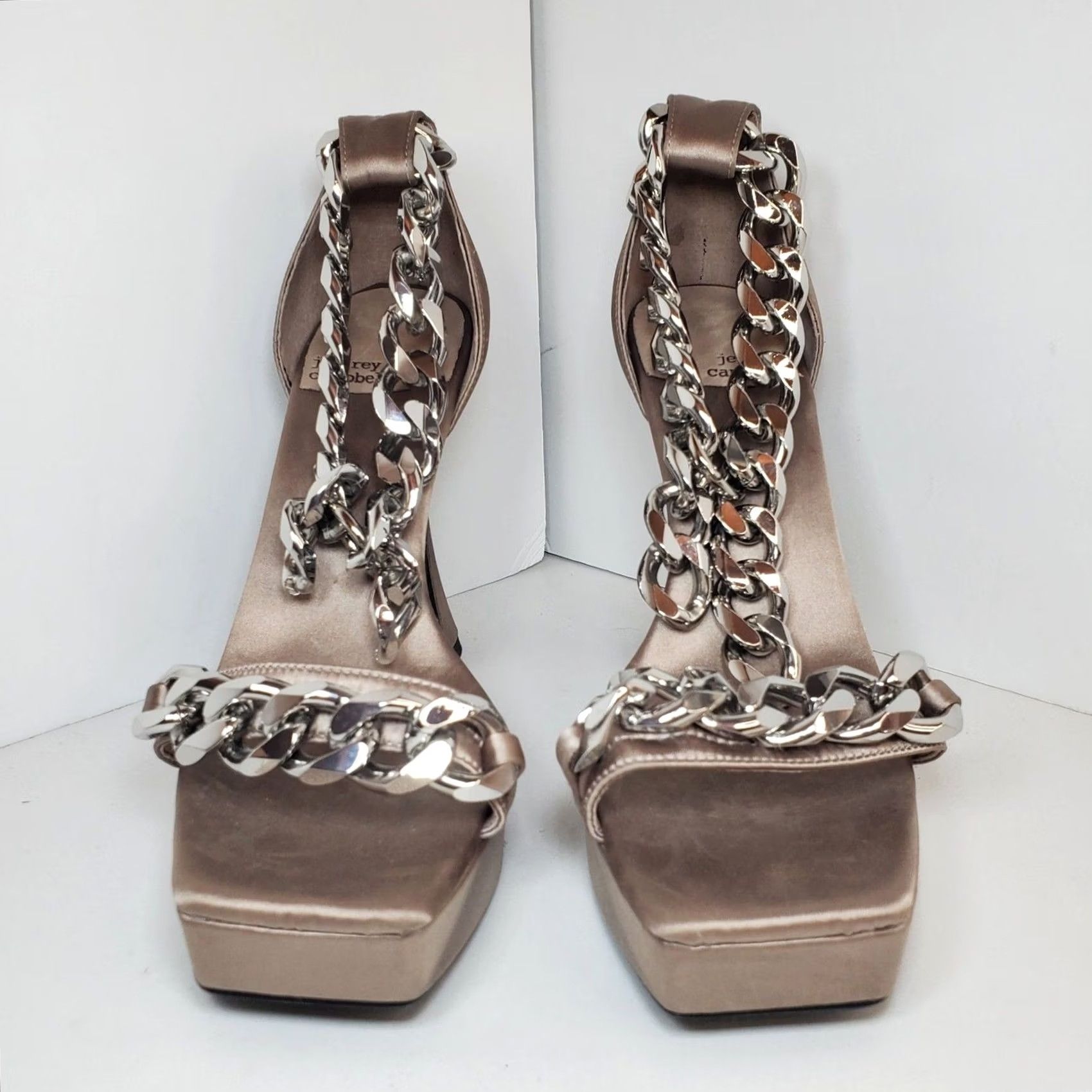 Jeffrey Campbell Jeffrey Campbell Silverlake Platform Shoes Taupe Satin 9.5 Womens Square Toe Spool Heel Big Ankle Chain 90s Punk Designer City Brown Size US 10 / IT 40 - 2 Thumbnail