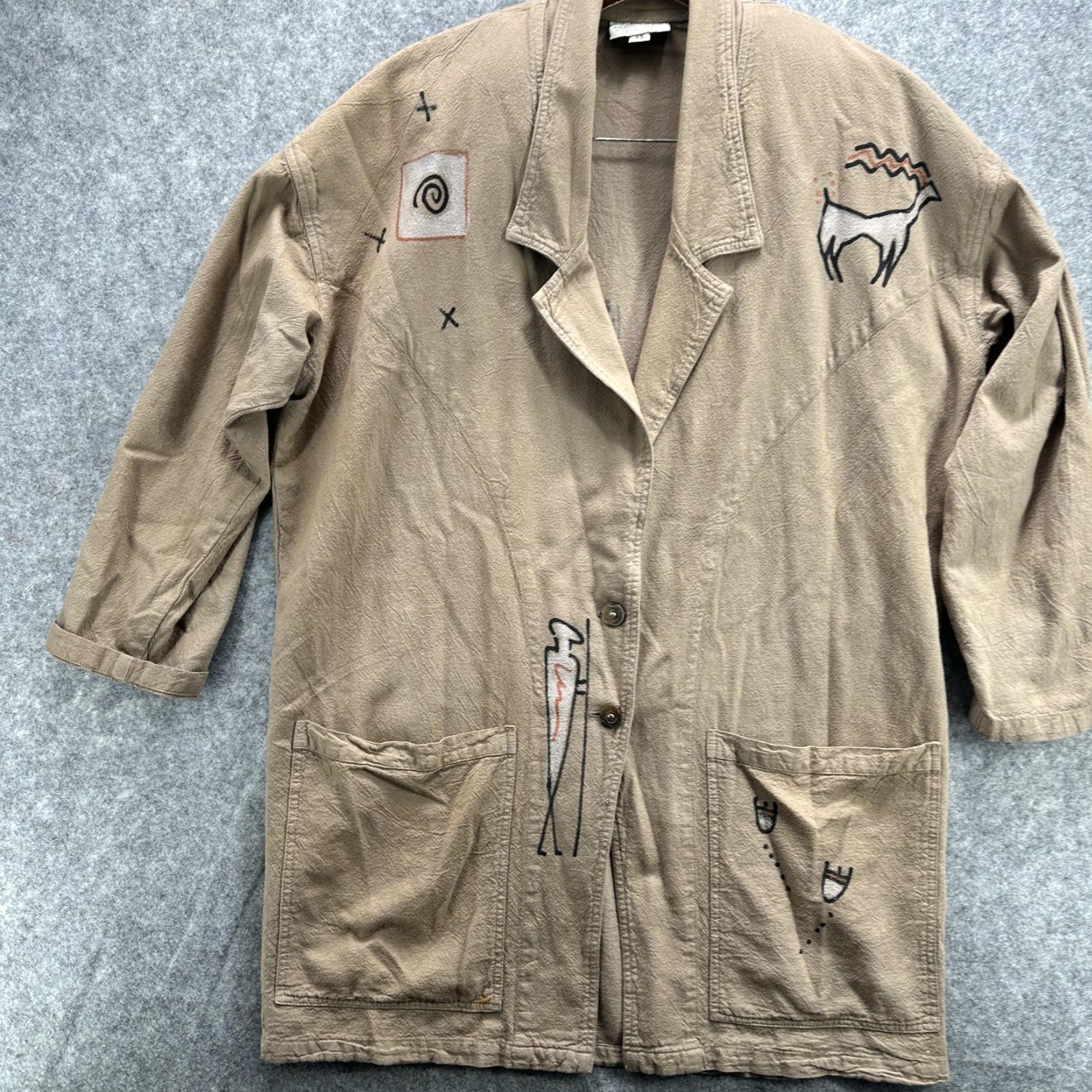 Vintage VINTAGE Cotton U.S.A. Jacket Womens XS Tan Southwestern Petroglyph Lagenlook Jacket Size XS / US 0-2 / IT 36-38 - 2 Thumbnail
