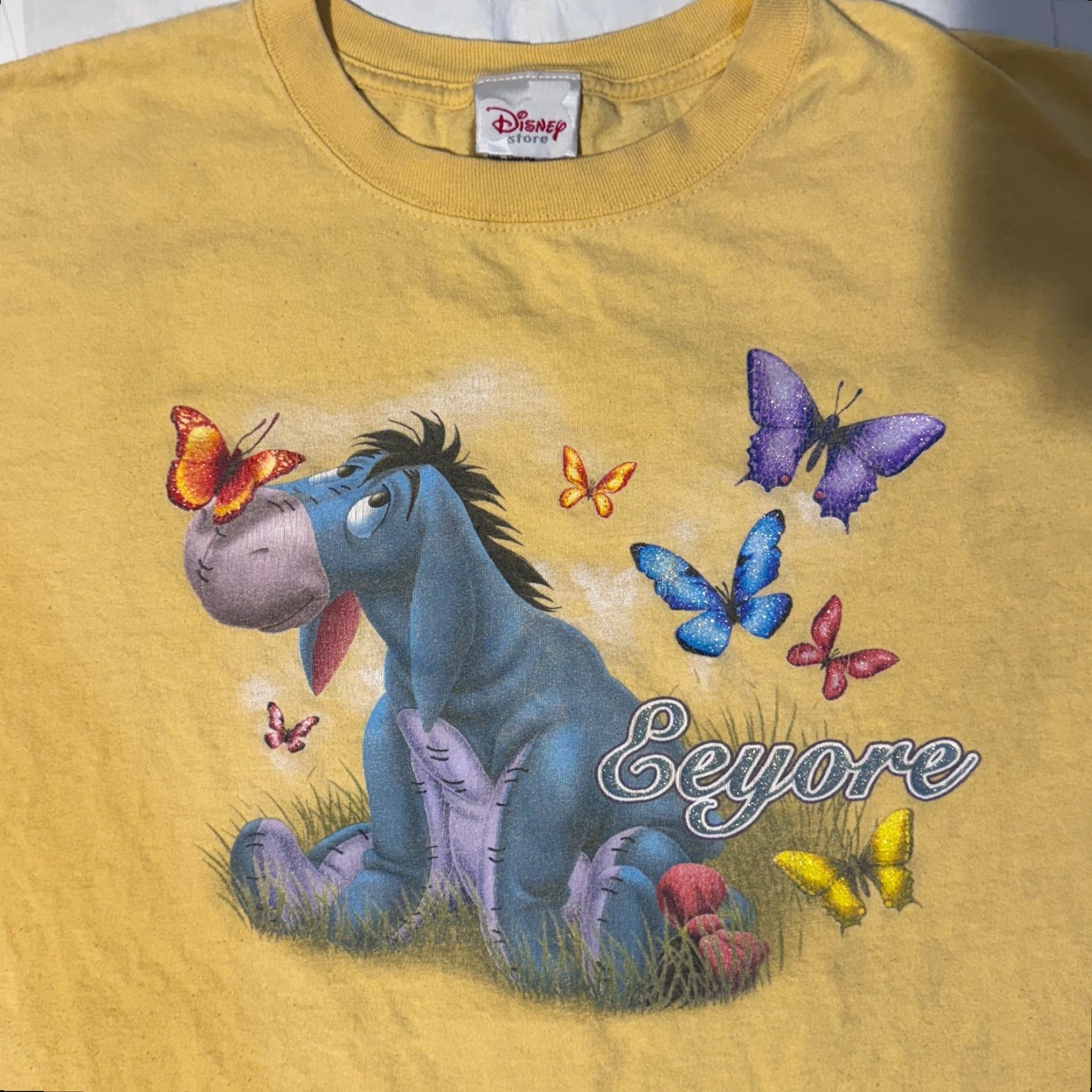 Disney VINTAGE Disney T-Shirt Women XL Yellow Butterfly Glitter Winnie The Pooh Eeyore Logo Graphic Casual Short Sleeve Crew Neck Cotton Jersey Regular Fit Size XL / US 12-14 / IT 48-50 - 2 Thumbnail