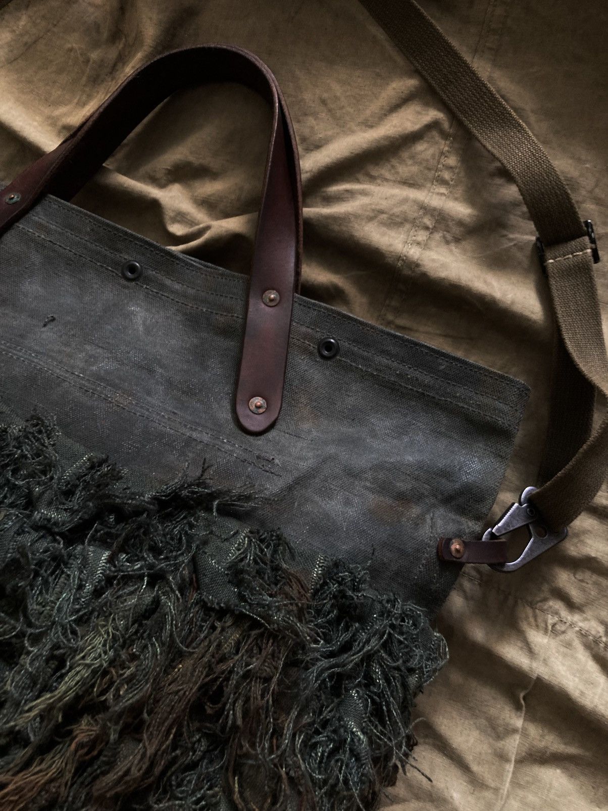 Handmade Reworked Waxed Heavy Canvas Crossbody Tote Bag Vintage Army Size ONE SIZE - 7 Thumbnail