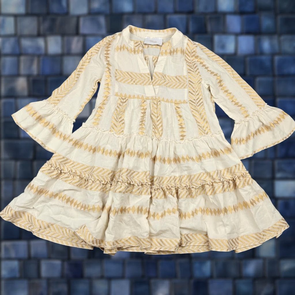 Vintage Kasia Dress Womens M White Chevron Embroidered Boho Trapeze Swing Mini Tiered Size M / US 6-8 / IT 42-44 - 1 Thumbnail