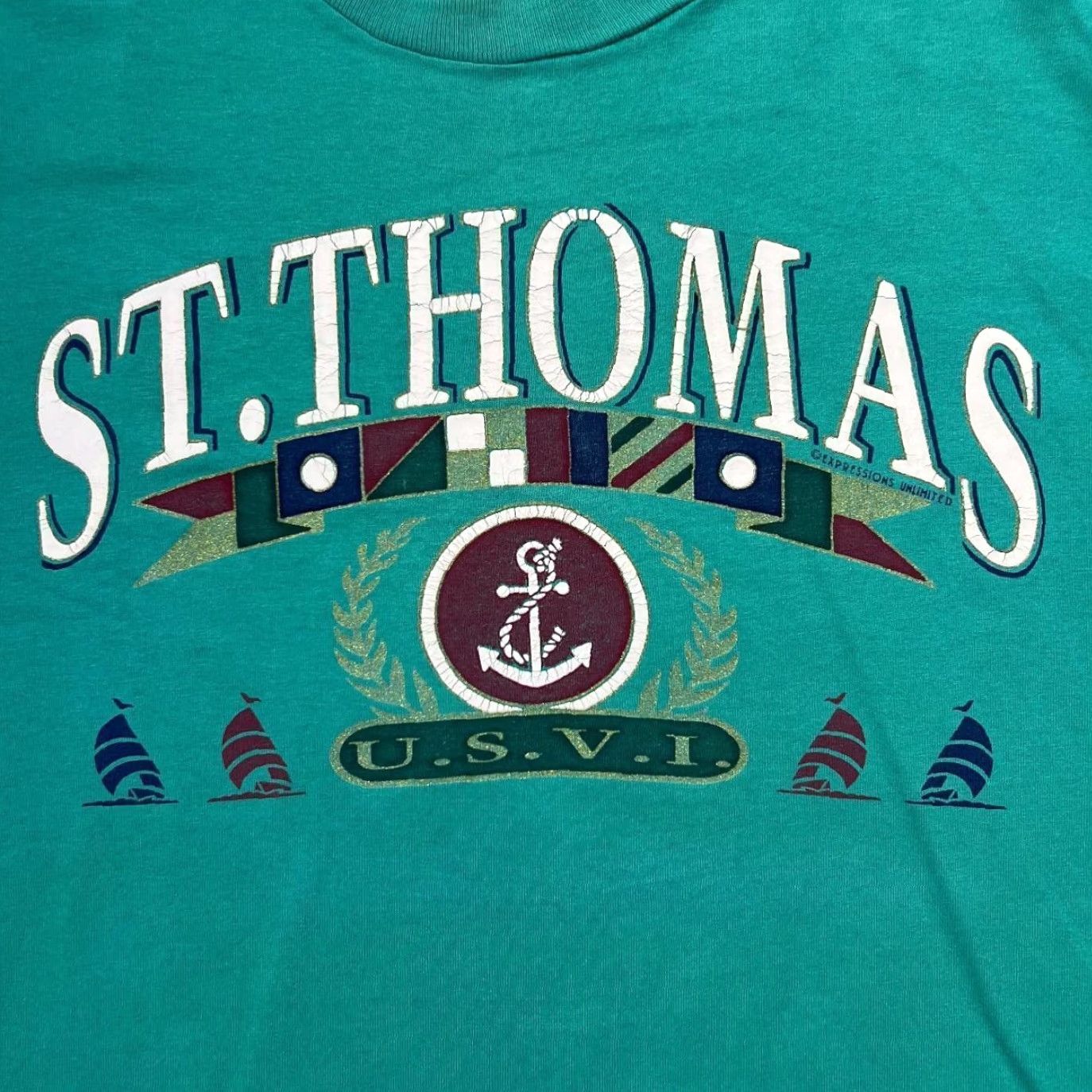 Fruit Of The Loom Vintage St. Thomas US Virgin Islands Souvenir Graphic Single Stitch T-Shirt L Tee Mens Teal Green 1990s United States Fruit of the Loom Shirt Size US L / EU 52-54 / 3 - 3 Thumbnail