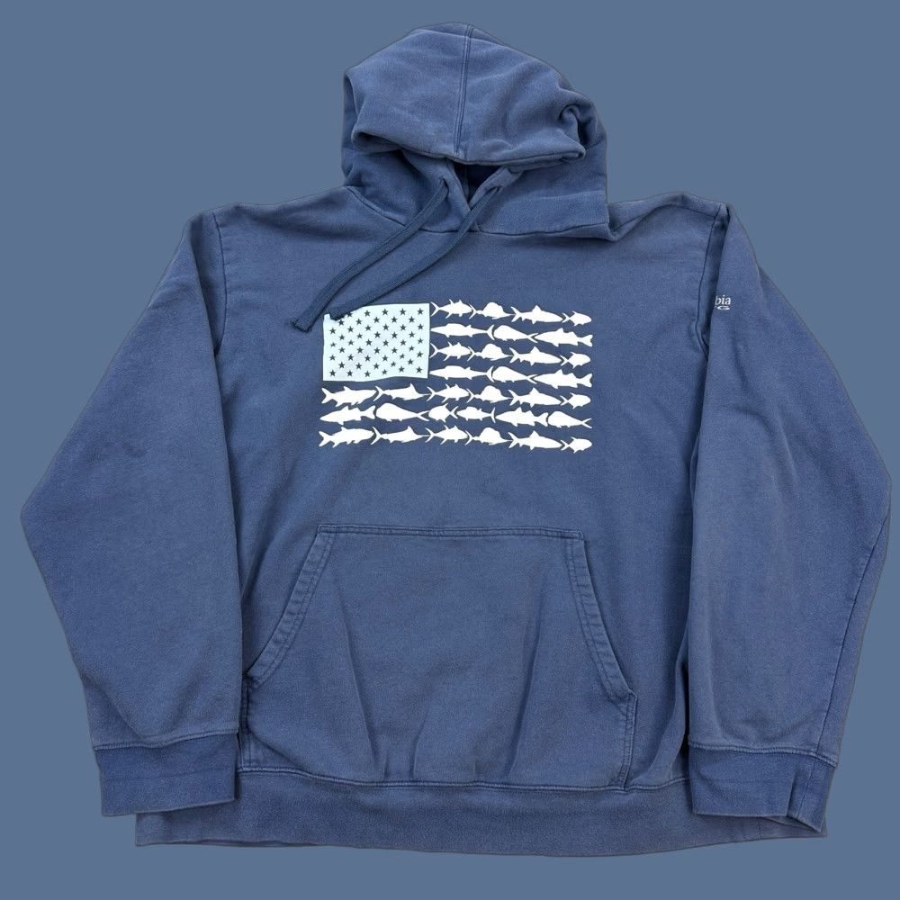 Vintage Columbia PFG Hoodie Mens 2XL Blue USA Fish Flag Pullover Outdoor Hiking Fishing Hooded Pockets Regular Fit Shirt Size US XXL / EU 58 / 5 - 1 Thumbnail