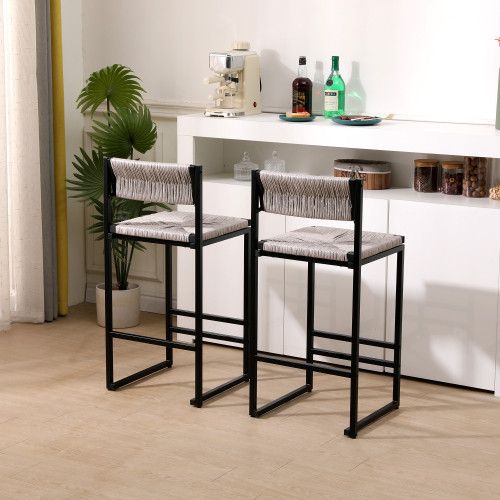Designer × Homemade Gray Set of 2 Hand Weave Bar Stools with Back Counter Height Size US L / EU 52-54 / 3 - 4 Thumbnail