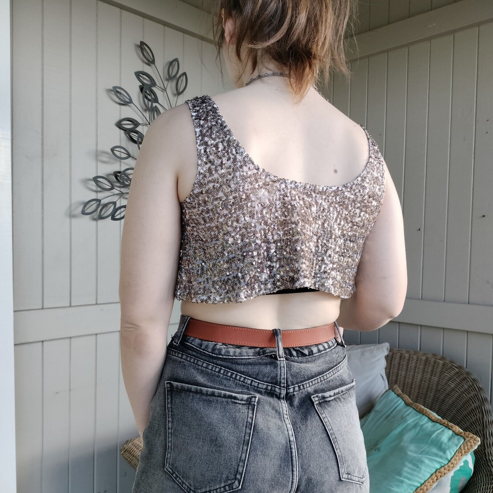 Japanese Brand Crop Top Tank Sequin Mesh Embroidered Baroque Festival Size ONE SIZE - 4 Thumbnail