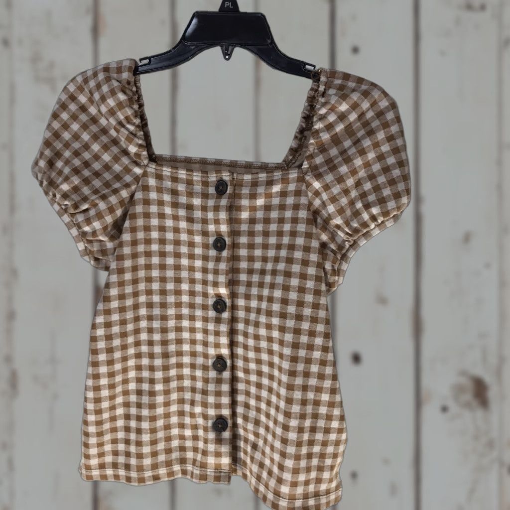 Madewell Madewell Women's Checked Cropped Button-Up Top XS Brown/White Cap Sleeve Knit Summer Casual Size XS / US 0-2 / IT 36-38 - 1 Thumbnail