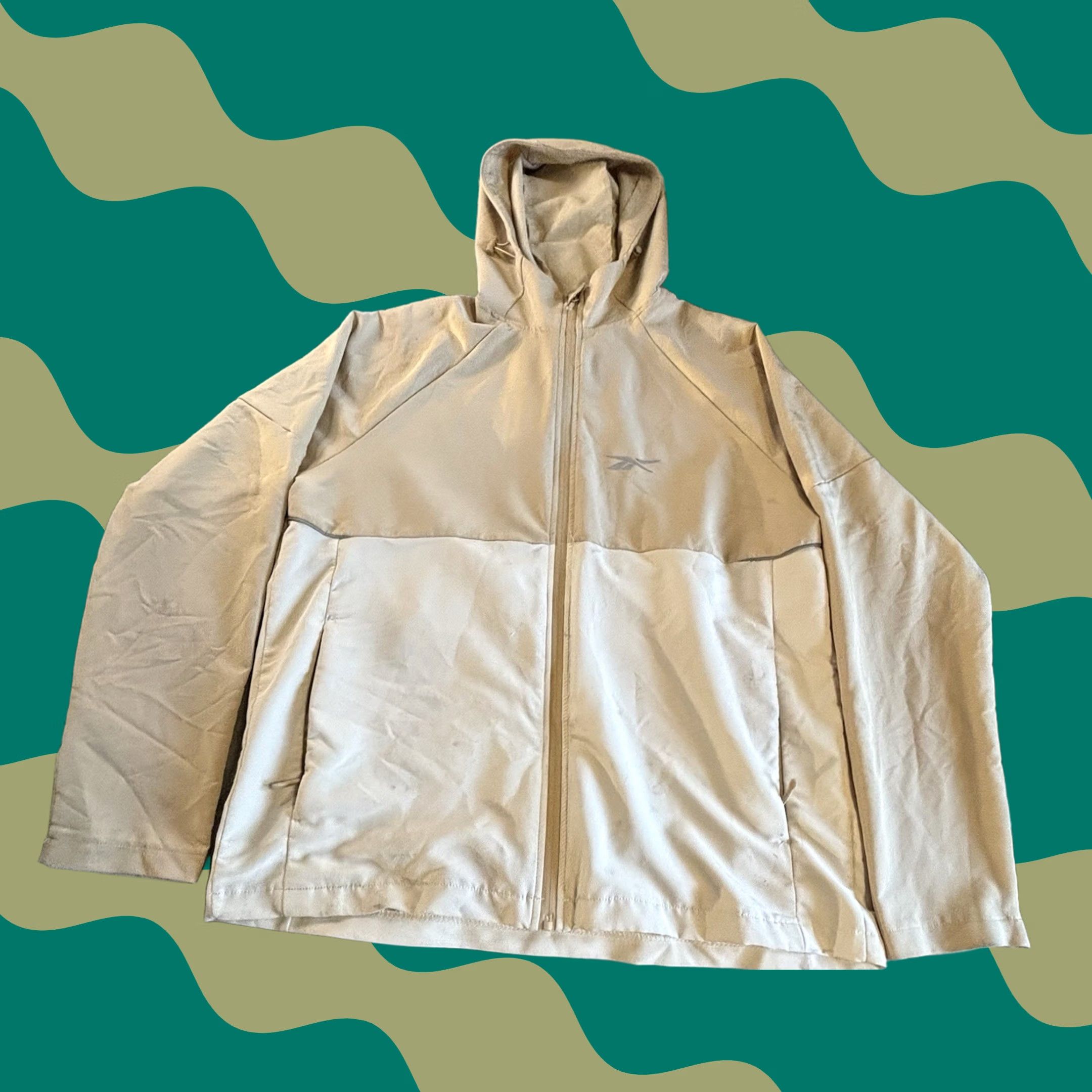 Reebok Jacket Mens L White Beige Fleece Windbreaker Hooded Full Zip Pocket, Men's
