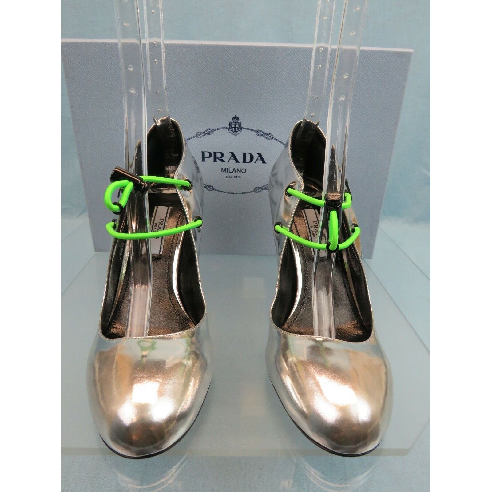 Prada 1I127L SILVER PATENT LEATHER LOGO D'ORSAY HEELS PUMPS 37.5 Size US 7.5 / IT 37.5 - 7 Thumbnail