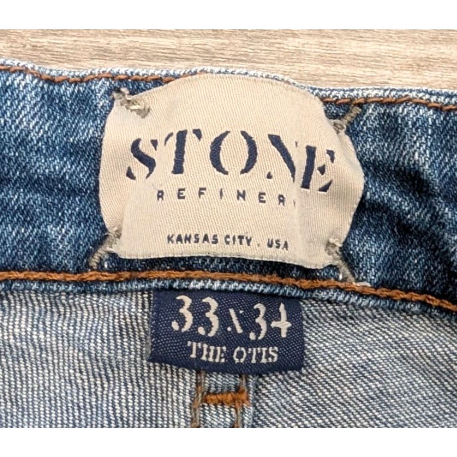 Vintage Stone Refinery The Otis Jeans Mens 33 x 34 Straight Distressed Blue Cotton Spandex Regular Denim 5-Pocket Adapted Vintage No Size US 33 - 6 Thumbnail