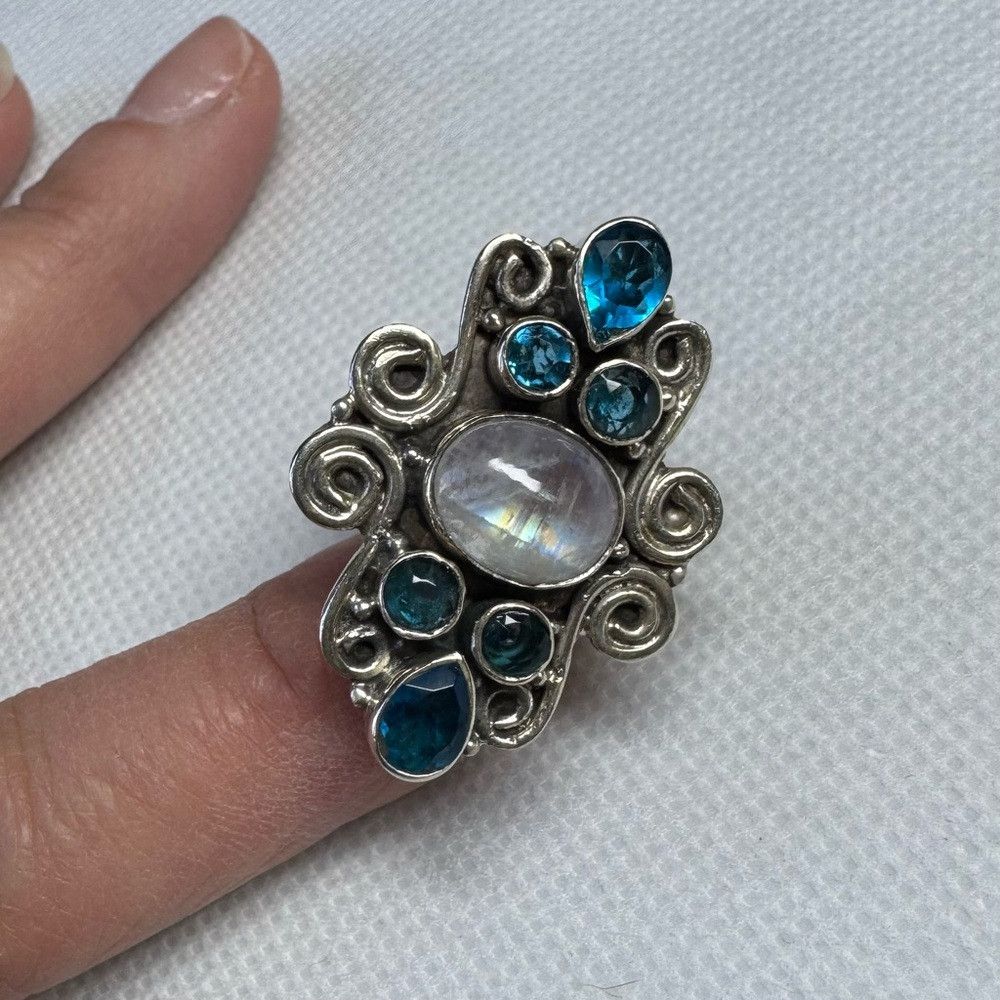 Other VIntage Art Deco Artisan Sterling Silver Ring with Blue Whi Size ONE SIZE - 5 Thumbnail