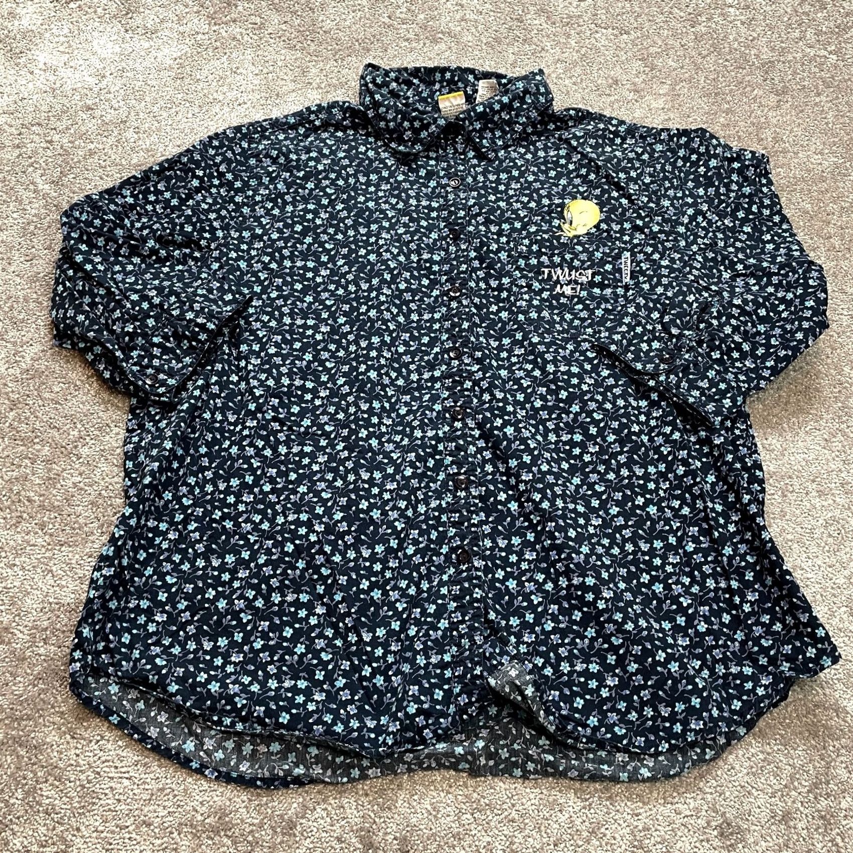 Vintage Looney Tunes Button-Up Shirt Blouse Womens 22W 24W Blue Tweety Bird Collared Shirt Size 3XL / US 20-22 - 2 Thumbnail
