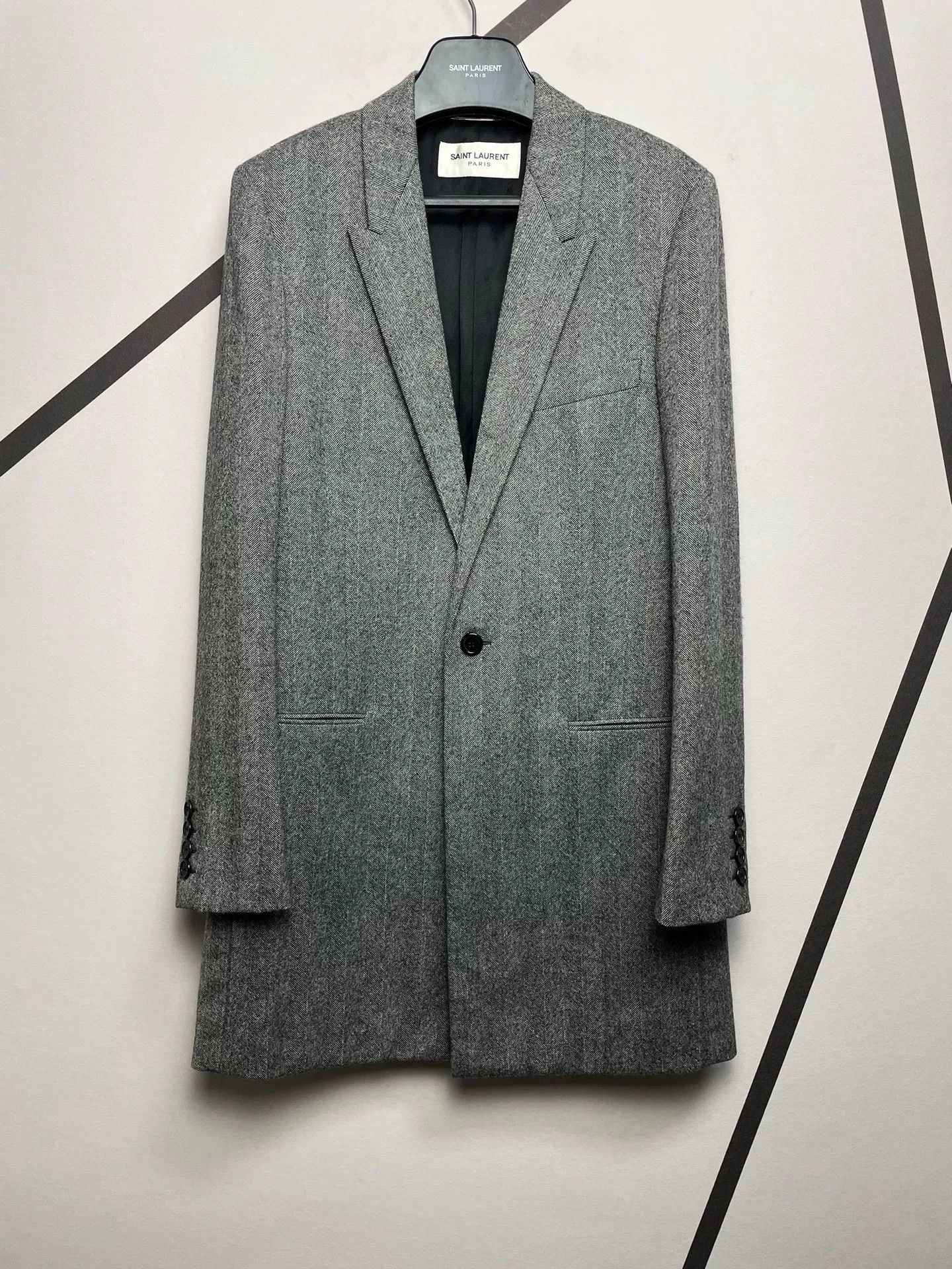 Saint Laurent Paris Saint Laurent Gray Herringbone Wool Coat Size US M / EU 48-50 / 2 - 1 Thumbnail
