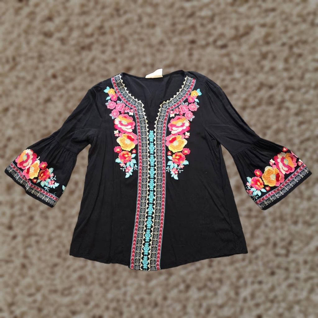 Vintage Savanna Jane Top Womens Size Small Black Floral Embroidered Boho Peasant Casual Size S / US 4 / IT 40 - 1 Thumbnail